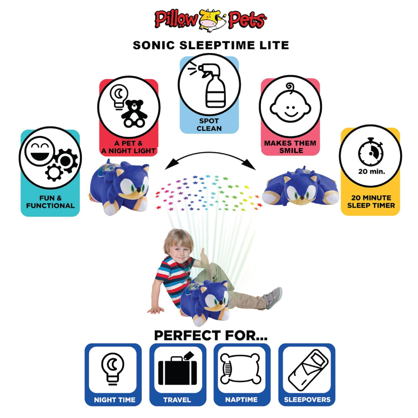 Pillow Pets Sonic Sleeptime Lite - 11" Sonic The Hedgehog Plush Nightlight,Blue