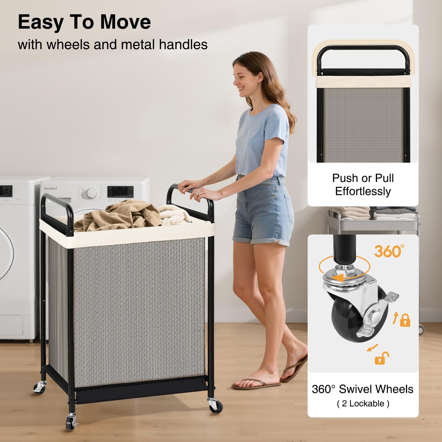STO STO 120L Large Laundry Hamper with Wheels, Rolling Laundry Basket Cart with Removable Canvas Liner Bag, Lockable Wheels, Metal Frame, Dirty Clothes Hamper for Bedroom, Bathroom, Laundry Room