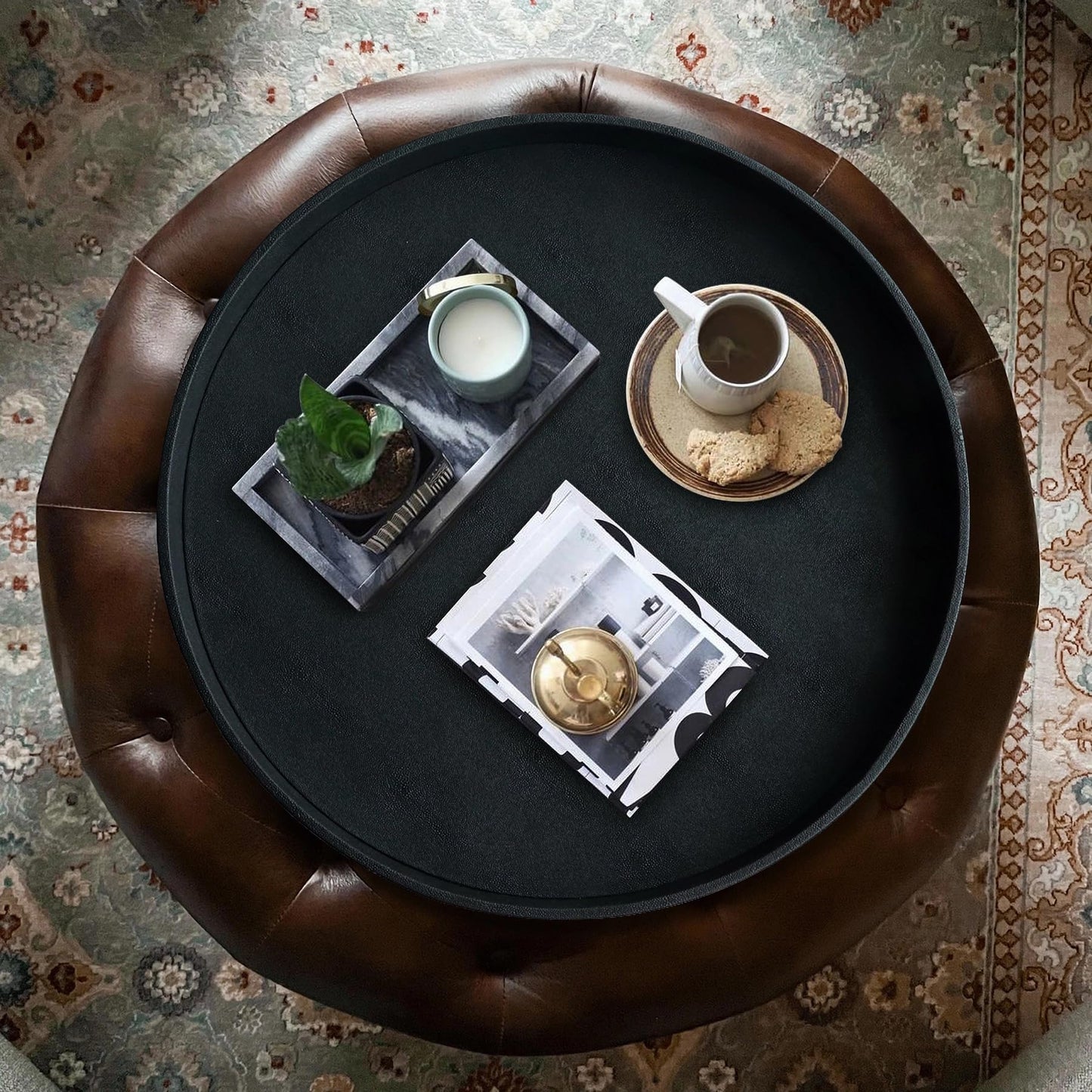 HofferRuffer Extra Large Round Serving Tray 24'', Elegant Oversized Faux Leather Circle Ottoman Table Tray, Serve Tea Coffee Breakfast in Bedroom Living Room Kitchen (Classic Black)