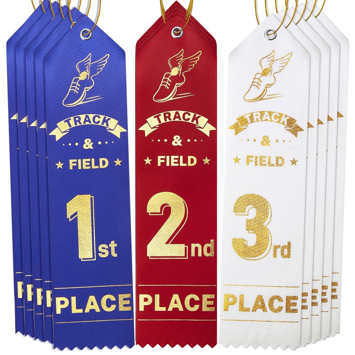 Lyrow 150 Pcs Track and Field Ribbons Education Award Ribbons 1st 2nd 3rd Place Flat Carded Set Prize Ribbon First Place Prizes with Event Card and Rope for Competition, Blue Red White