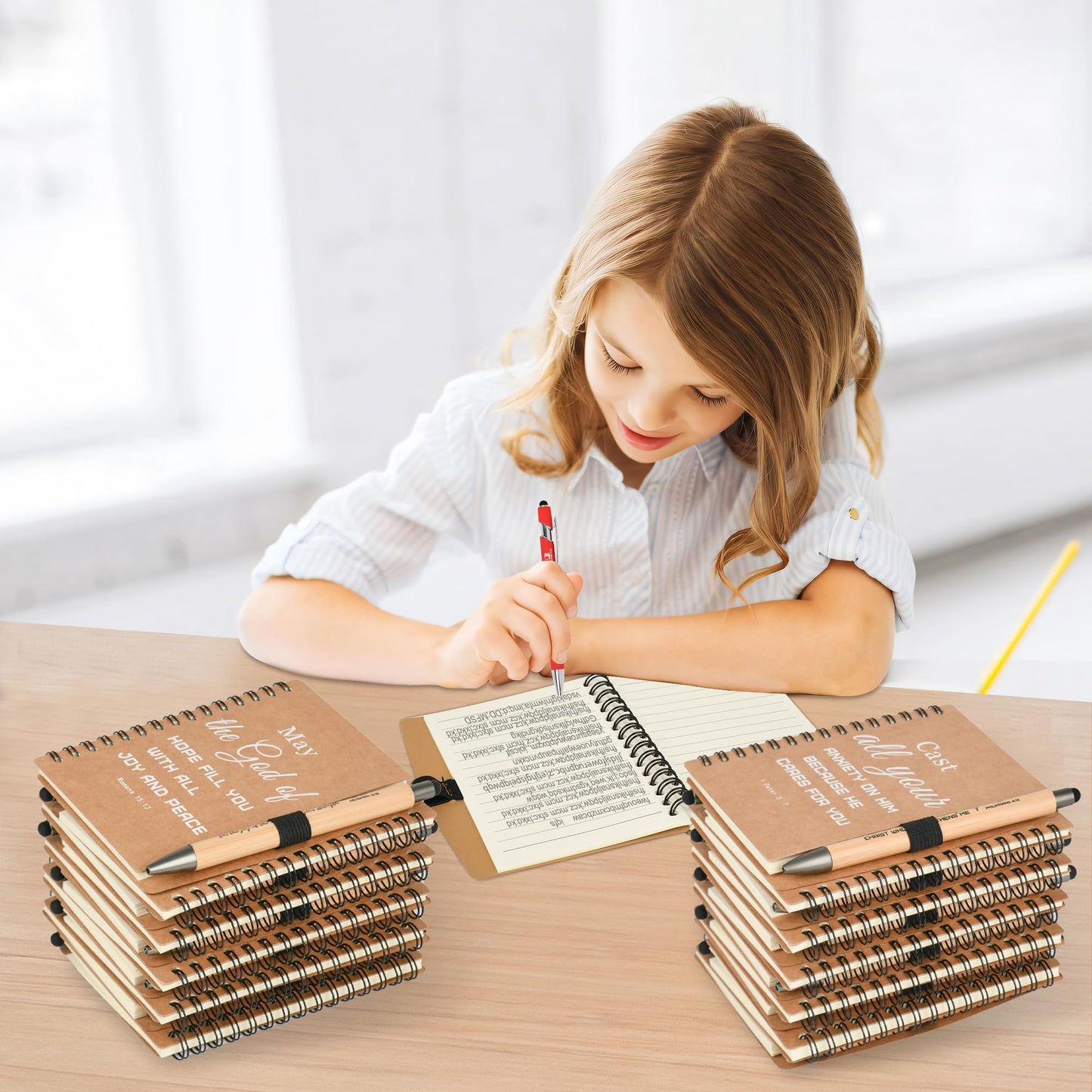 INSADA Christian Prayer Journal Spiral Notebooks Bulk with Pens - Small Lined Notepads (4.13”x5.43”) - Father Day Gifts for Women,Church Members & Bible Study Groups (30 sets Brown)