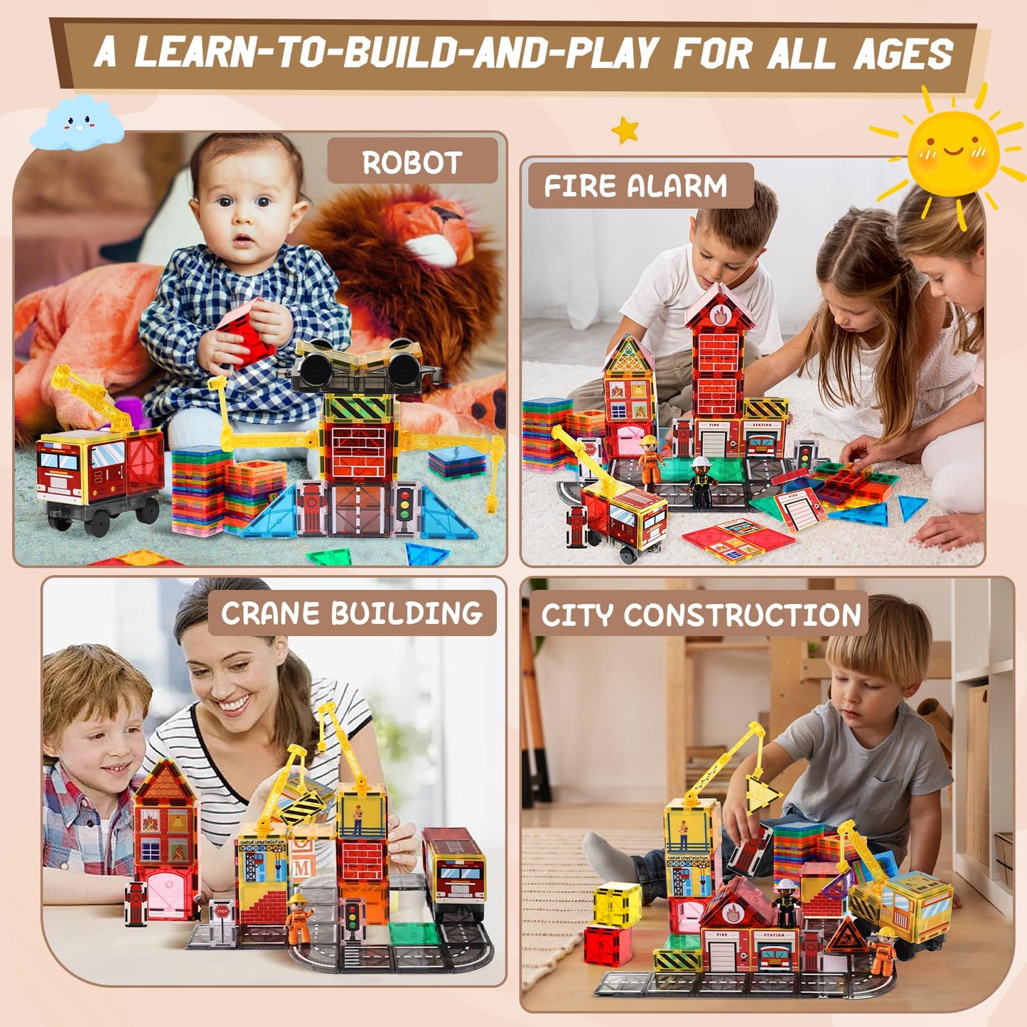 Magnetic Tiles Road Set with 2 Cranes & Double-Sided Magnet Tiles,Boys Toys for Ages 3-5 5-7 8-12,STEM Magnetic Building Construction Toys Include Car,Stations,Dolls,Roads,Signs,Gifts for 3+ Kids