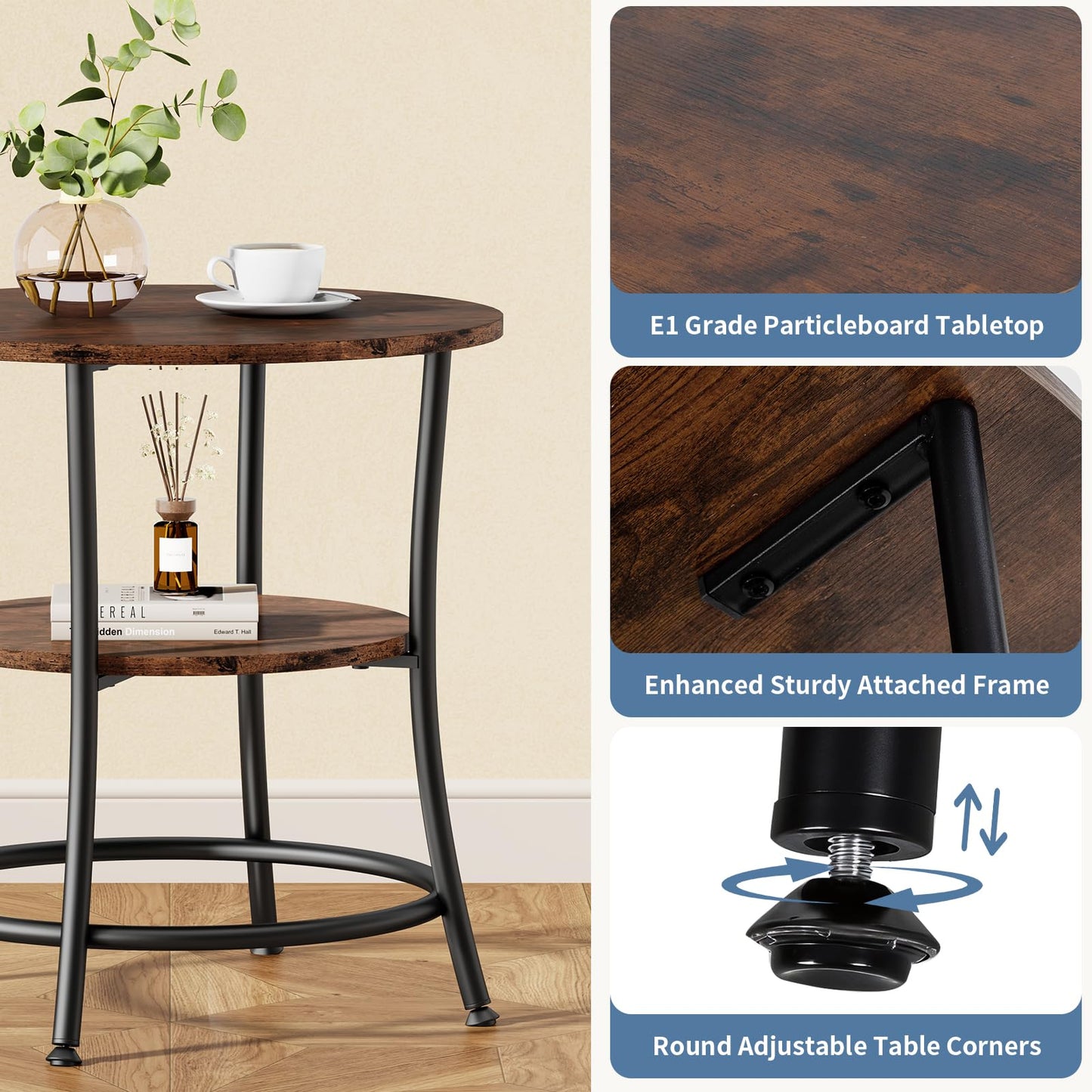 OLIXIS 21.85-Inch Round End Table, 2-Tier Side Round Table for Living Room, Accent Table with Storage Shelf, Sturdy Metal Frame Nightstand for Small Space, Round Bedside, Rustic Brown and Ink Black