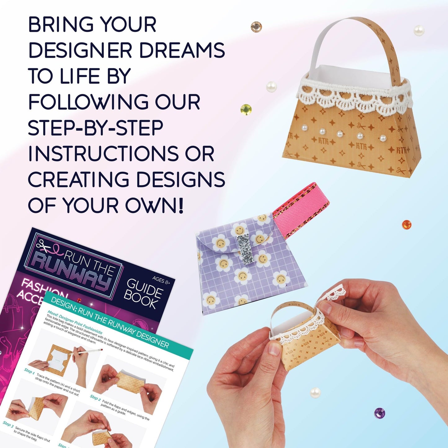 MindWare Run The Runway: Accessories – Fashion Design Kit for Creating Mini Handbags, Clutches, Necklaces & Bracelets – No‑Sew Craft Kit with 350+ Trims, Ribbons, Patterns & Display Stand – Ages 8+