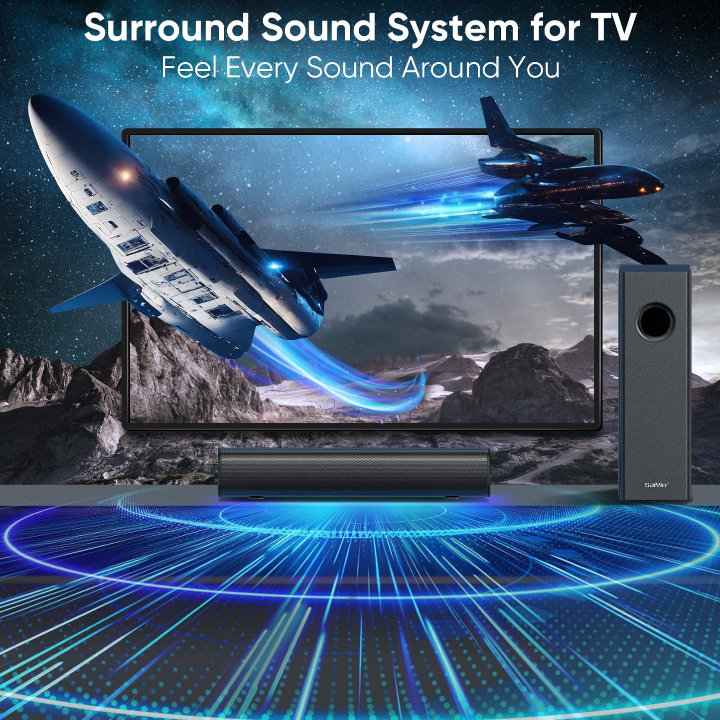 Saiyin Soundbar with 4'' Subwoofers - 70W Rounded-Edge Subwoofer & Compact Soundbar for TV, 2.1 Audio Enhanced Surround Sound System for TV, Bluetooth/Optical/AUX Connection for TV/PC