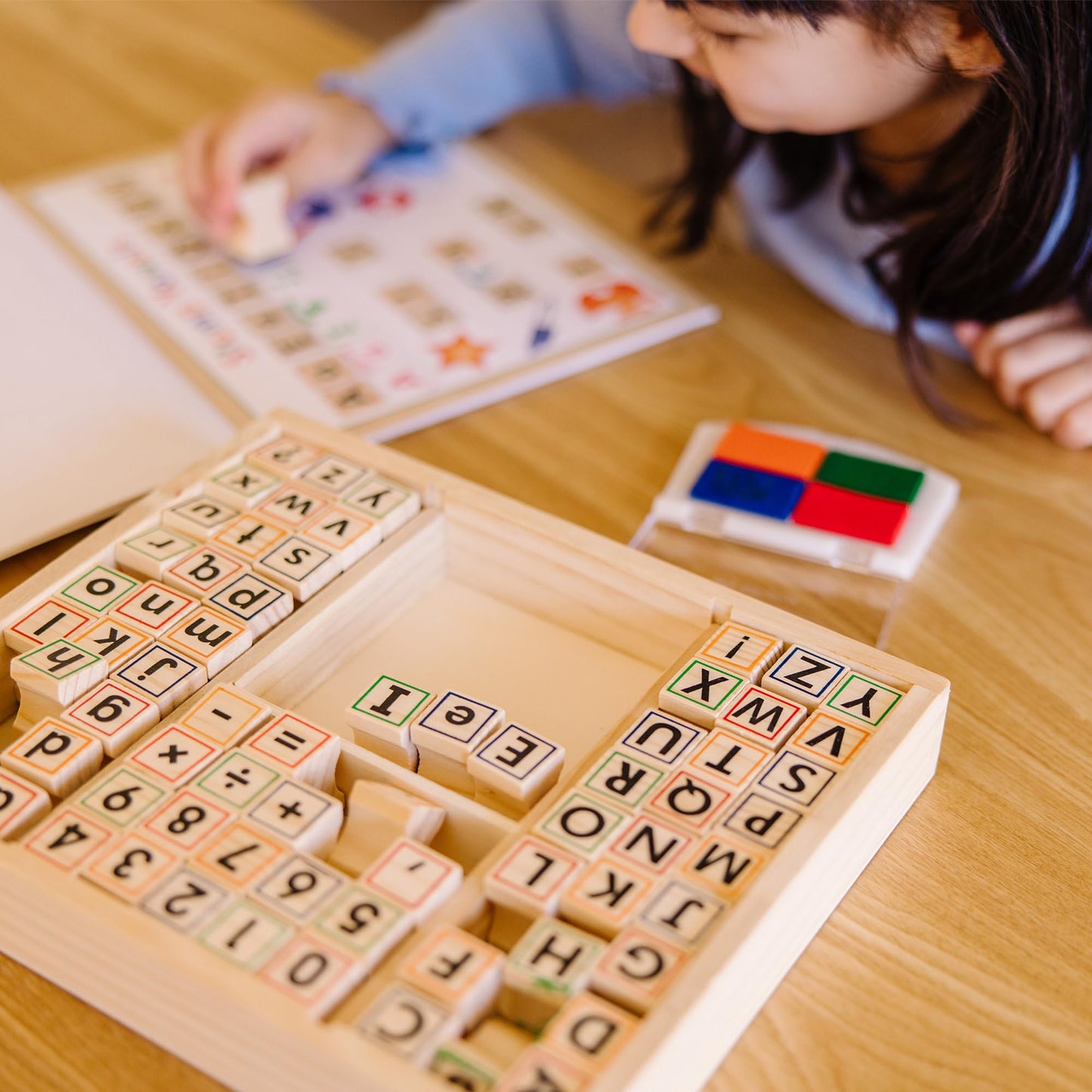 Melissa & Doug Deluxe Letters and Numbers Wooden Stamp Set ABCs 123s With Activity Book, 4-Color Stamp Pad