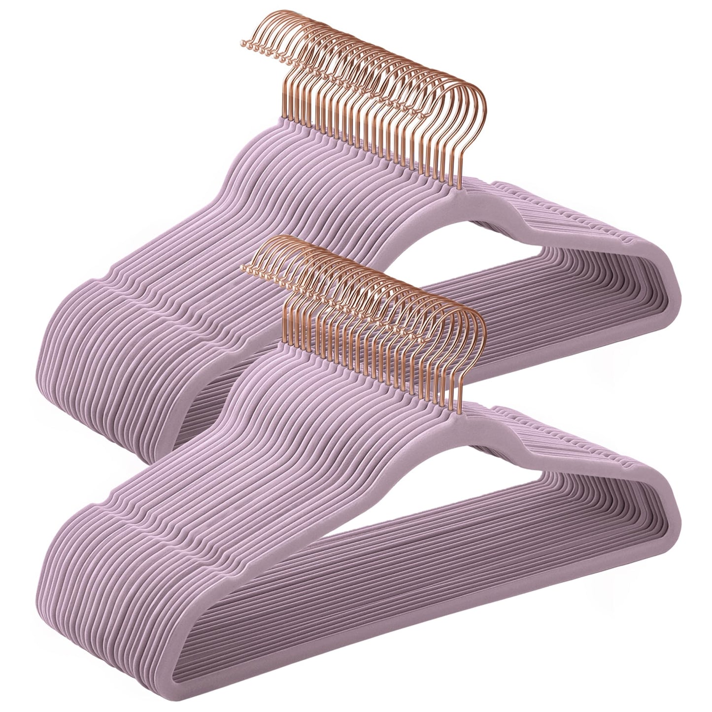SONGMICS Slim Velvet Hangers, Non-Slip Clothes Hangers with Rose Gold Swivel Hooks, Space-Saving, for Closet, 50 Pack, Light Purple UCRF026P50