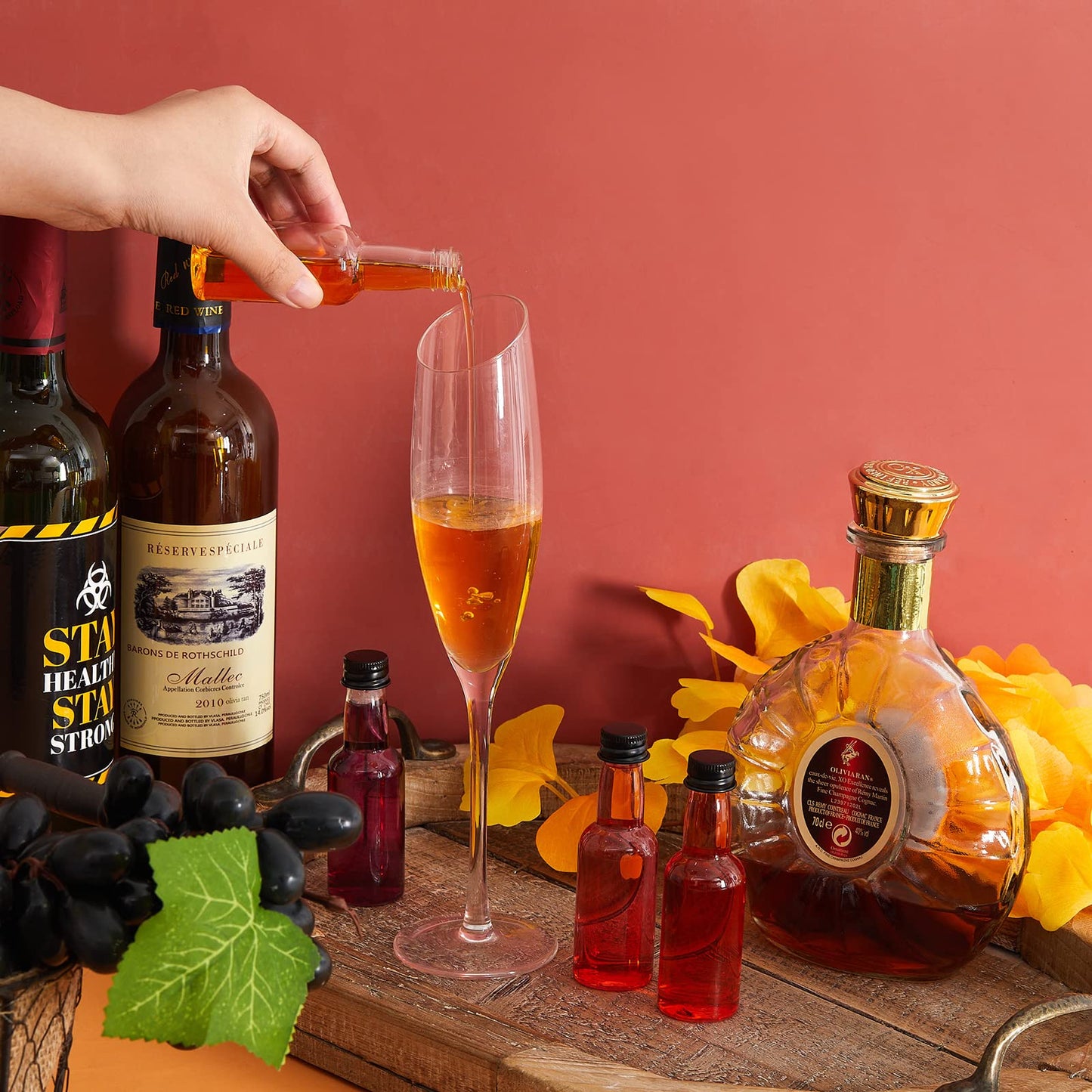 208 Mini Liquor Bottles 1.7 oz Plastic Mini Empty Spirit Bottle with Black Screw Cap Small Wine Hot Sauce Container with Caps Liquid Funnel Easy Pouring Party