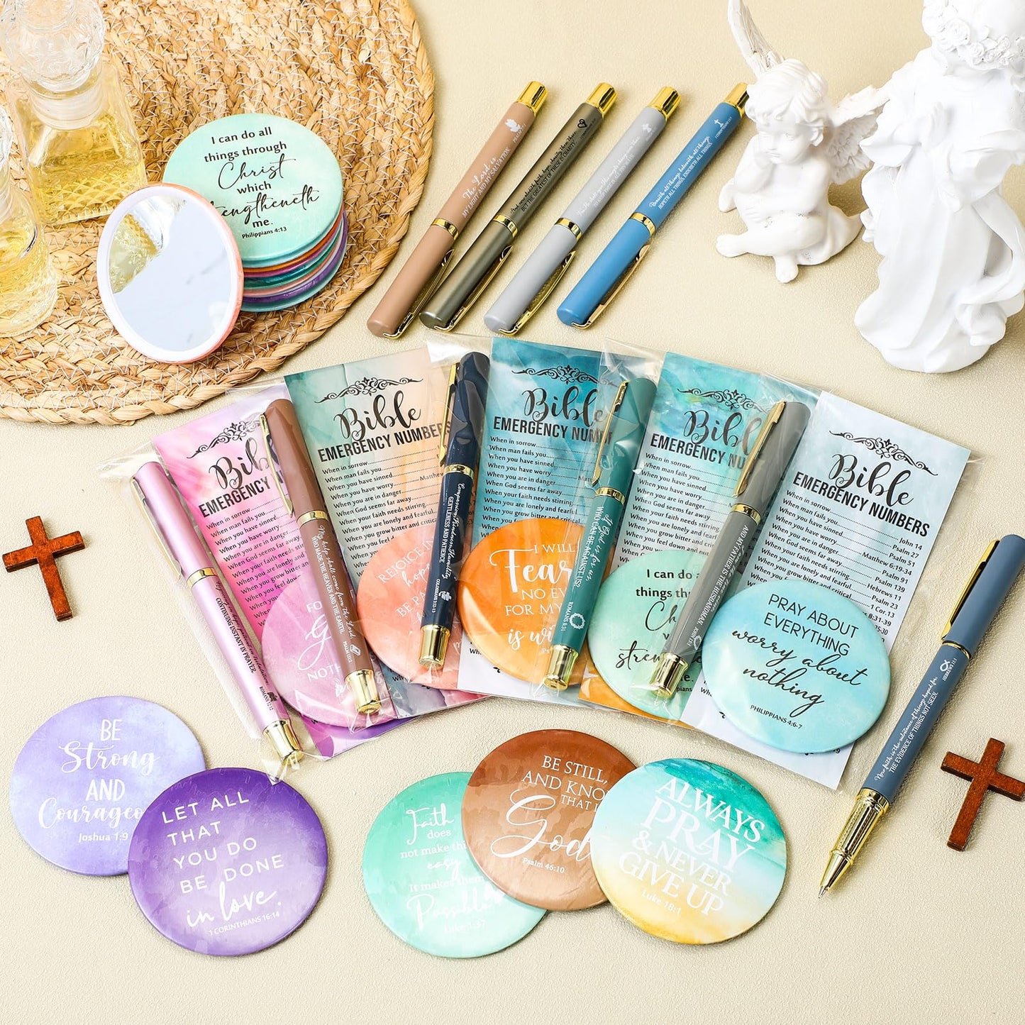 Sayglossy 50 Sets Christian Women Gifts Bulk Bible Verse Gel Pens Religious Compact Mirrors Emergency Bookmarks for Mother Grandmother Daughter Bible Study Group (Rendering Color)