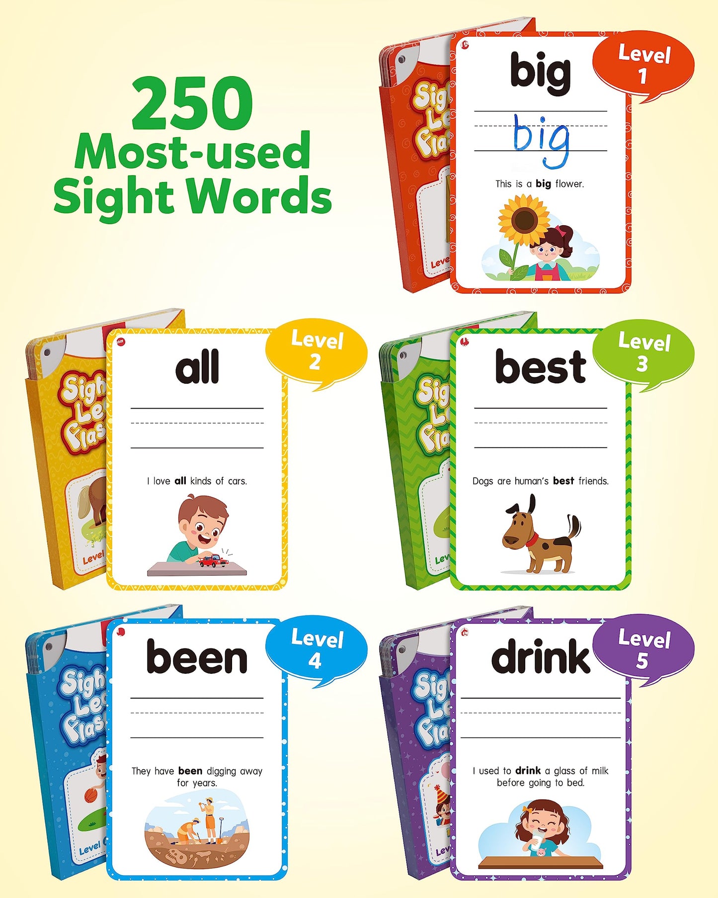 Coogam Sight Words Kids Learning Flash Cards, 250 Dolch Word Game Reading Vocabulary Card Montessori Toy for Kindergarten Preschool Kids