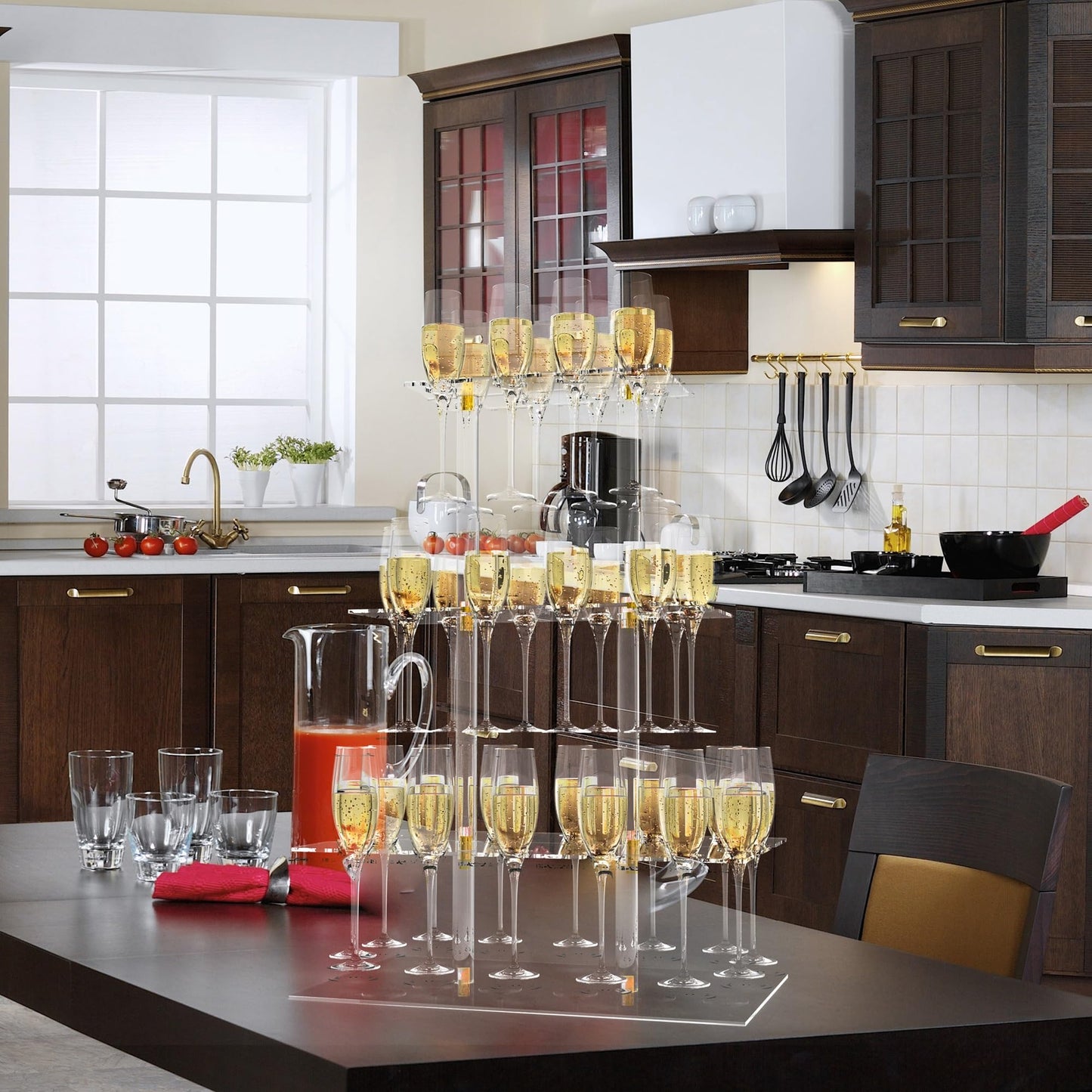 Champagne Display Holder Stand for Party With 32 Slots, Cocktail Tree Stand for Drinks 3 Tier Clear Acrylic Wine Glass Stemware Display Rack, Champagne Flute Wall Holder with Led Light for Party