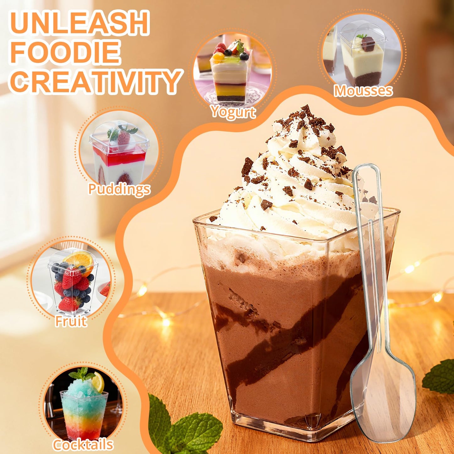 100 Pack 5oz Plastic Dessert Cups with Lids and Spoons, Mini Clear Yogurt Parfait Cups, Small Dessert Shooter Serving Cups, Square Appetizer Cups for Fruit Pudding Ice Cream Tasting Party Supplies