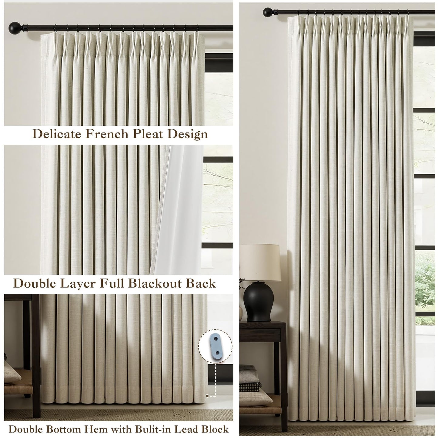 IVAPUPU Natural Pinch Pleated 100% Blackout Linen Curtains 90 Inch Length for Bedroom, Black Out Pinch Pleat Curtains for Living Dining Room Darkening Thermal Insulated Drapes with 16 Hooks, 2 Panels