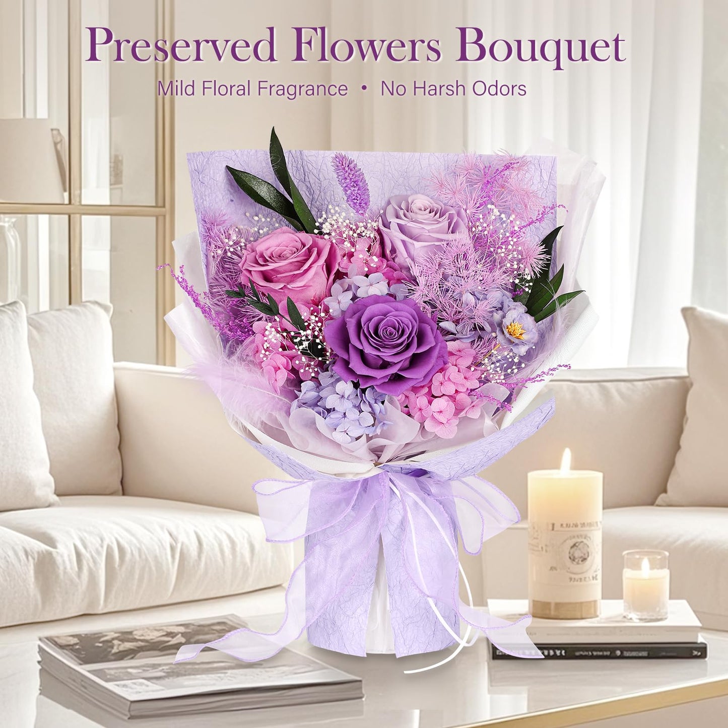 Preserved Bouquet of Flowers - 3 Roses & Flowers for Delivery, Long-Lasting Real Lavender Forever Flowers, Mothers Day Gifts for Mom Grandma Wife, Anniversary Birthday Gifts for Women