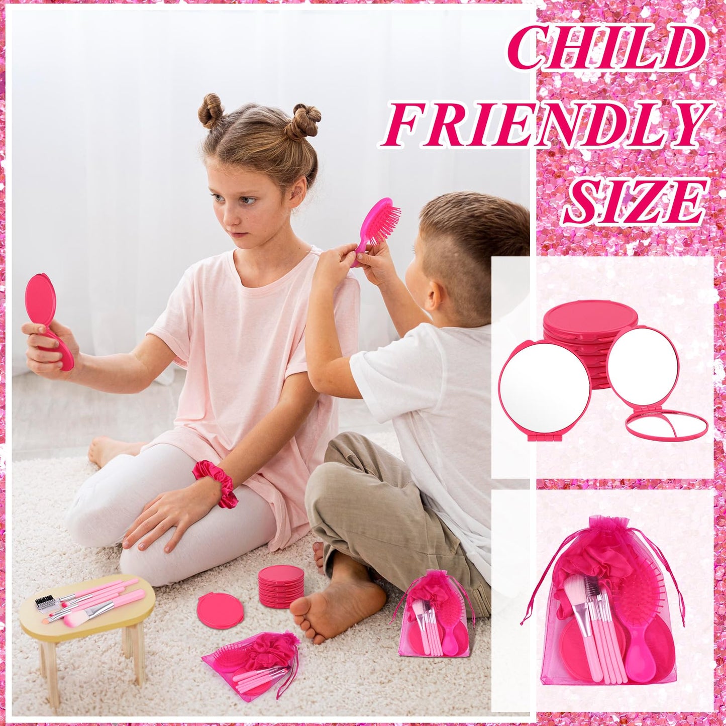 72 PCS Pink Girl Party Favors Kids Makeup Party Supplies Includes Pink Hair Brush Elastic Pink Scrunchies Foldable Cosmetic Mirror Makeup Brushes Eye Mask Organza Bags for Girls Women