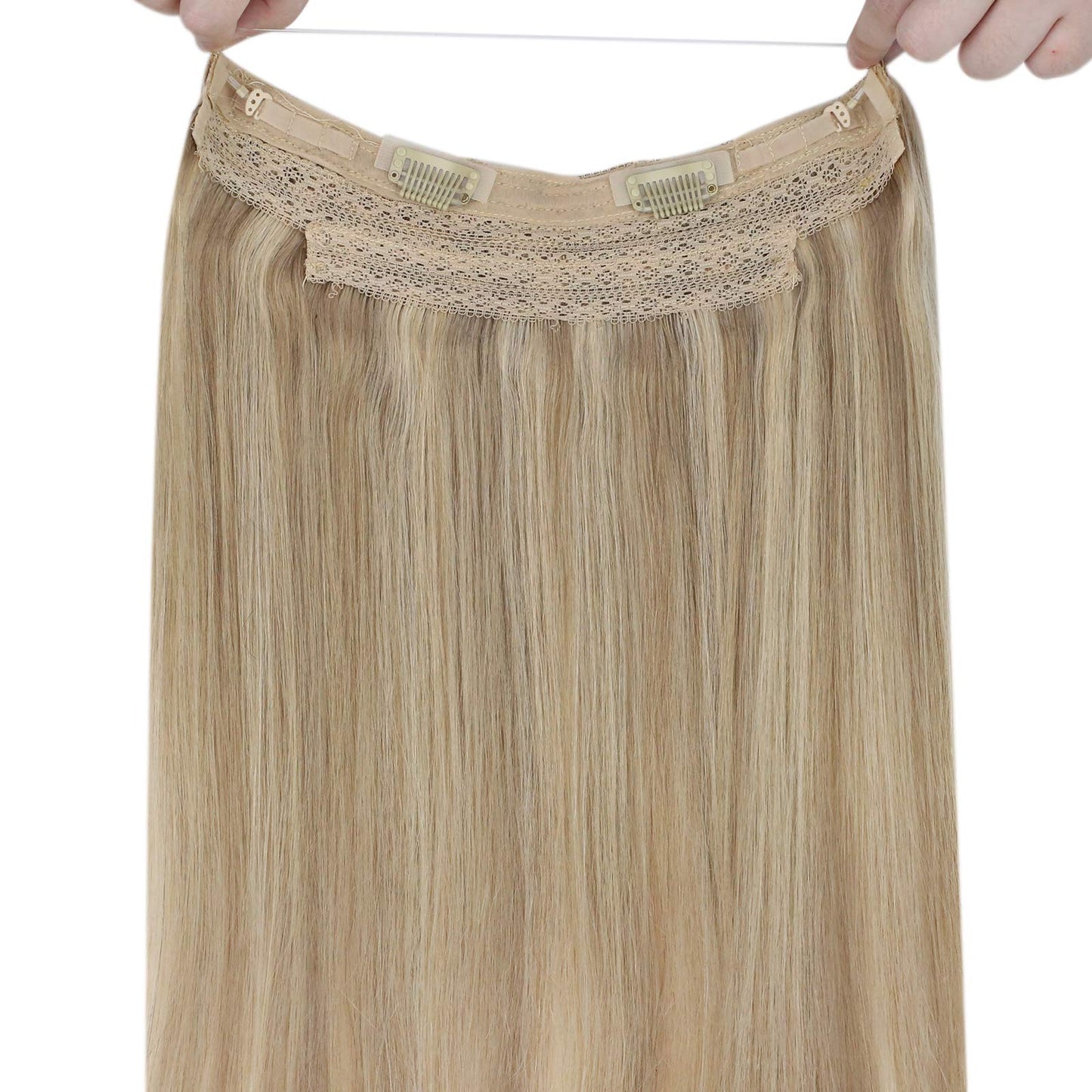 Sunny Blonde Hair Extensions Wire Real Human Hair Highlights Invisible Wire Hair Extensions Straight Remy Hair Extensions Clip ins Ash Blonde Highlights Golden Blonde Hair Extensions 20Inch 100G