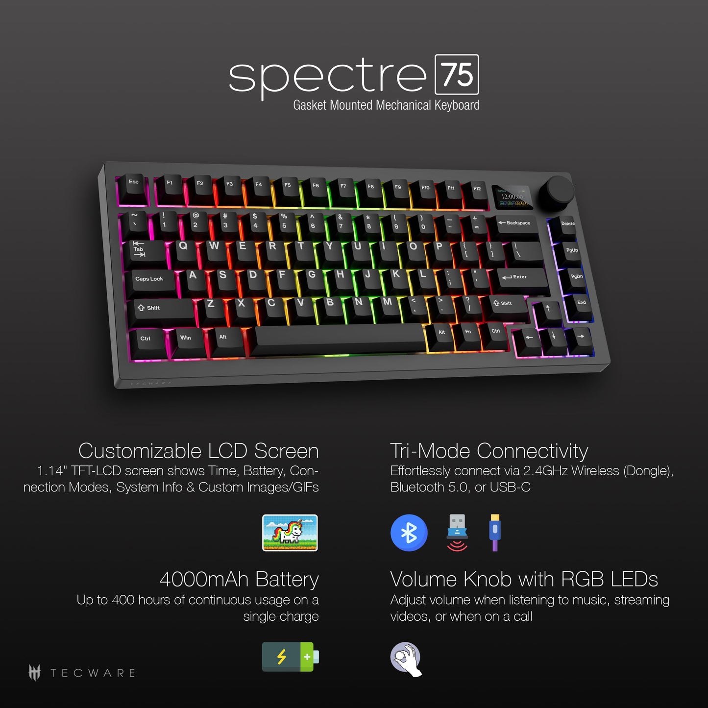 TECWARE Spectre 75% RGB Mechanical Gaming Keyboard with Customizable LCD Screen, Multi-Function Knob, Gasket Mount, South Face 5-Pin Universal Hot-Swappable Sockets Black Cocoa Brown Switch