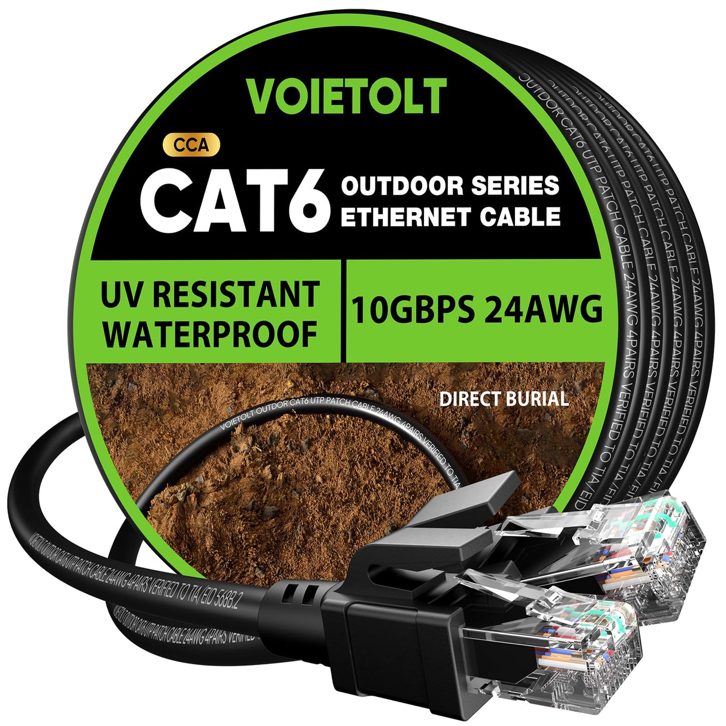 VOIETOLT Cat 6 Outdoor Ethernet Cable 200 ft, 24AWG 10Gbps Cat6 Cable Cord Waterproof Direct Burial LLDPE UV Jacket, Internet Network Cable with 60 Ties Support Cat6 Cat5e Cat5, CCA, UTP for PC
