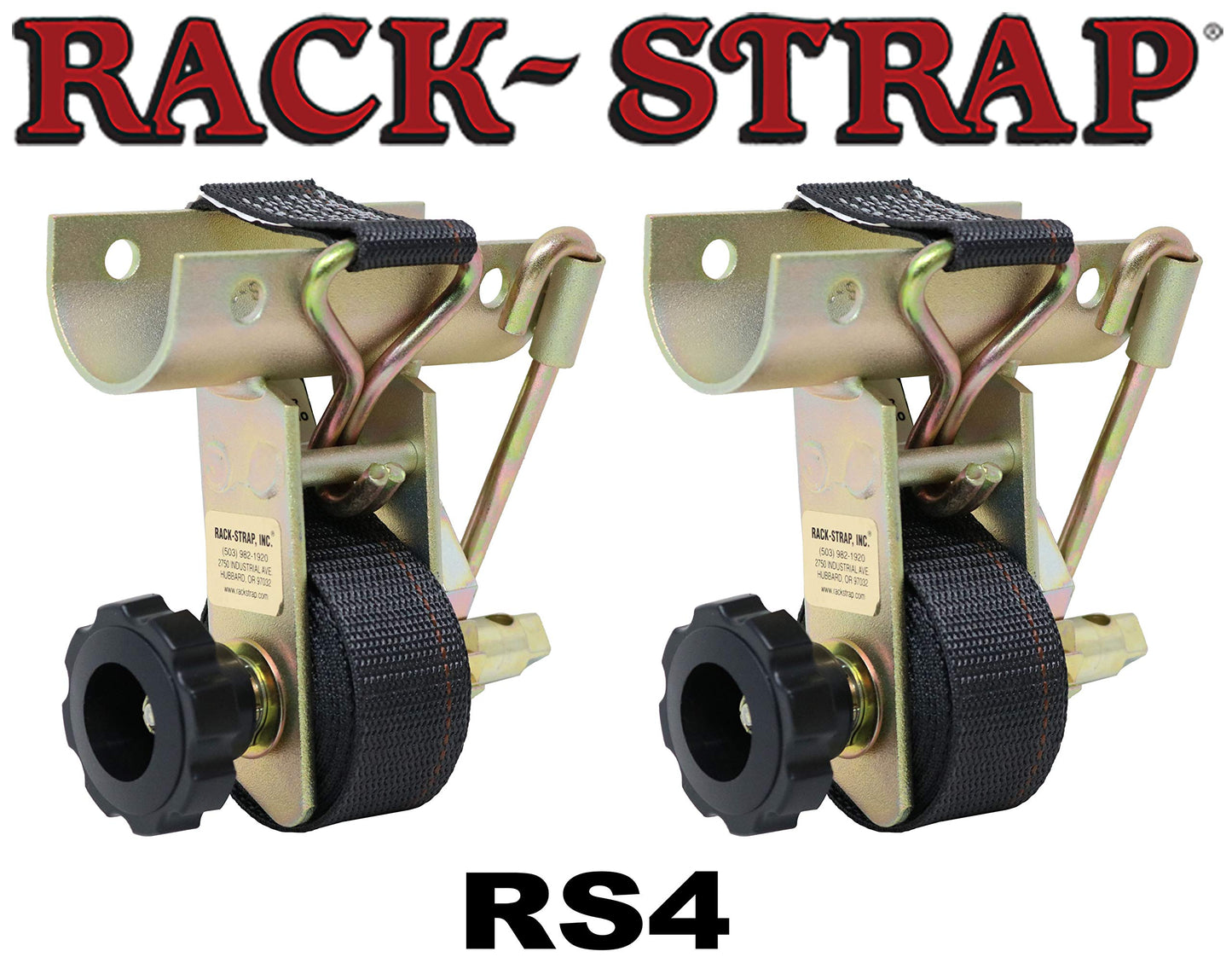 2 Pack, Rack-Strap, The Original American Made Ladder Rack Tie-Downs, Round Mounting Bracket, RS4 Gold 1-5/8 Inch Diameter Round Mounting Bracket, Bolt Mounting Hardware Included, 8 Foot Black Strap