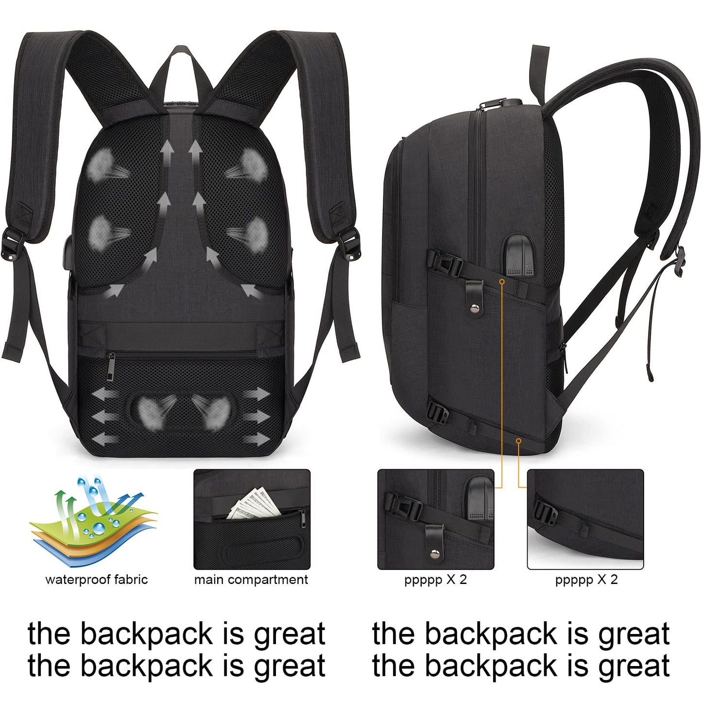 Tzowla Anti-Theft Water Resistant 17.3 Inch Laptop Backpack with USB Charging Port and Lock, Black