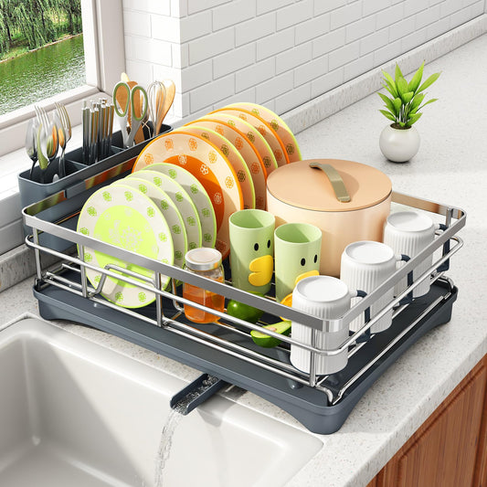 Dish Drying Rack - Stainless Steel Dish Rack for Kitchen Counter, Large-Capacity Dish Drainer with Cutlery Holder, Kitchen Organizer for Dishes, Spoons and Forks, Silver