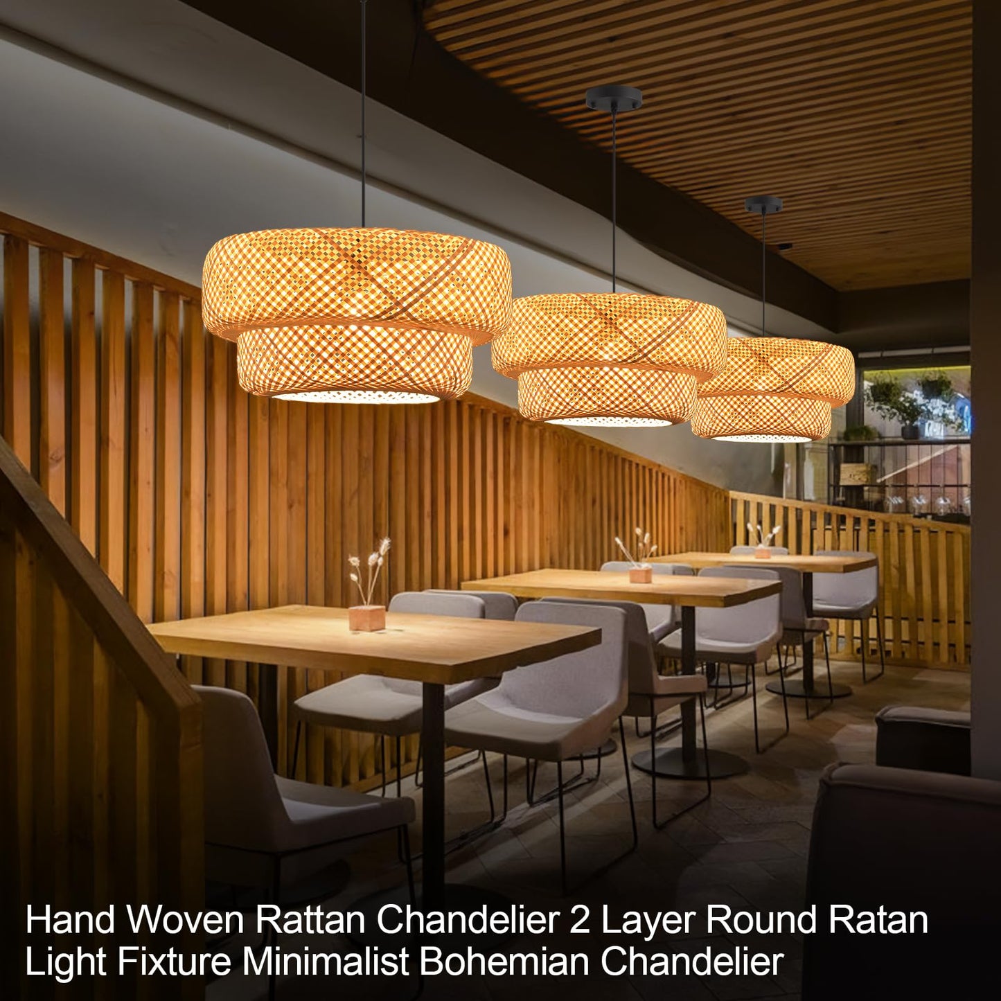 HUAHENGHAO 18.12 Inch Boho Bamboo Chandelier Hand Woven Dining Room Lights Wicker Hanging Lighting Fixtures for Living Room Kitchen Bedroom Coffee Restaurant Hallway