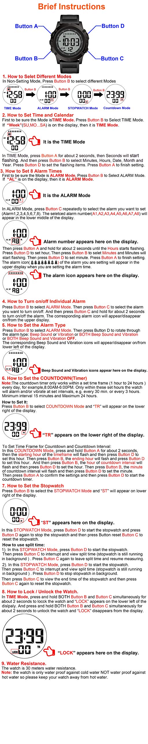 TICCI Men 8 Vibrating Alarms Watch Medication Aids Vibra Pill Alert Reminder for Elderly Seniors Big Digits Waterproof (Black)