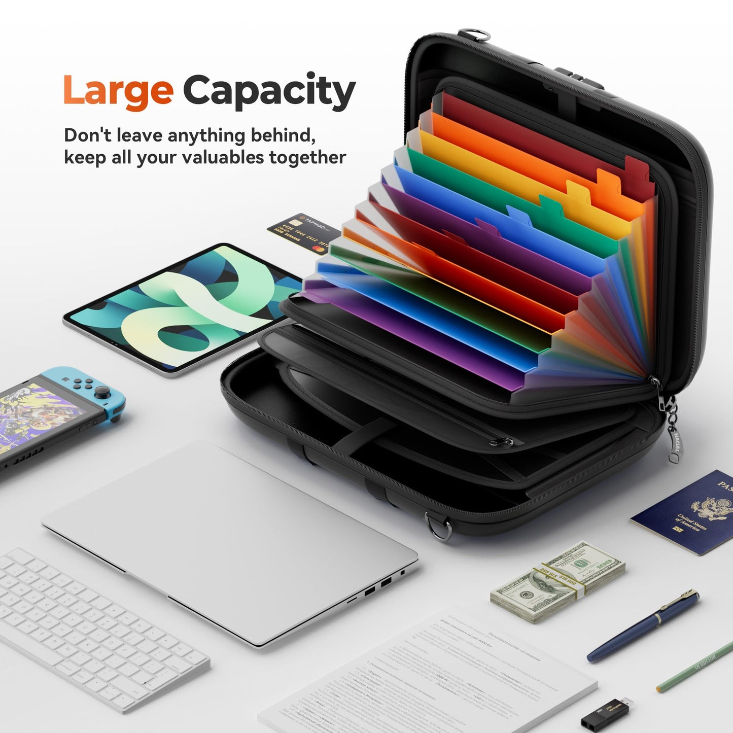 Nacial Fireproof Document Box with Lock & Shoulder Strap, Hard-Shell Fireproof File Organizer with 13 Pocket Accordion File Folder, Portable Safe Storage for Important Documents, Laptop, Black