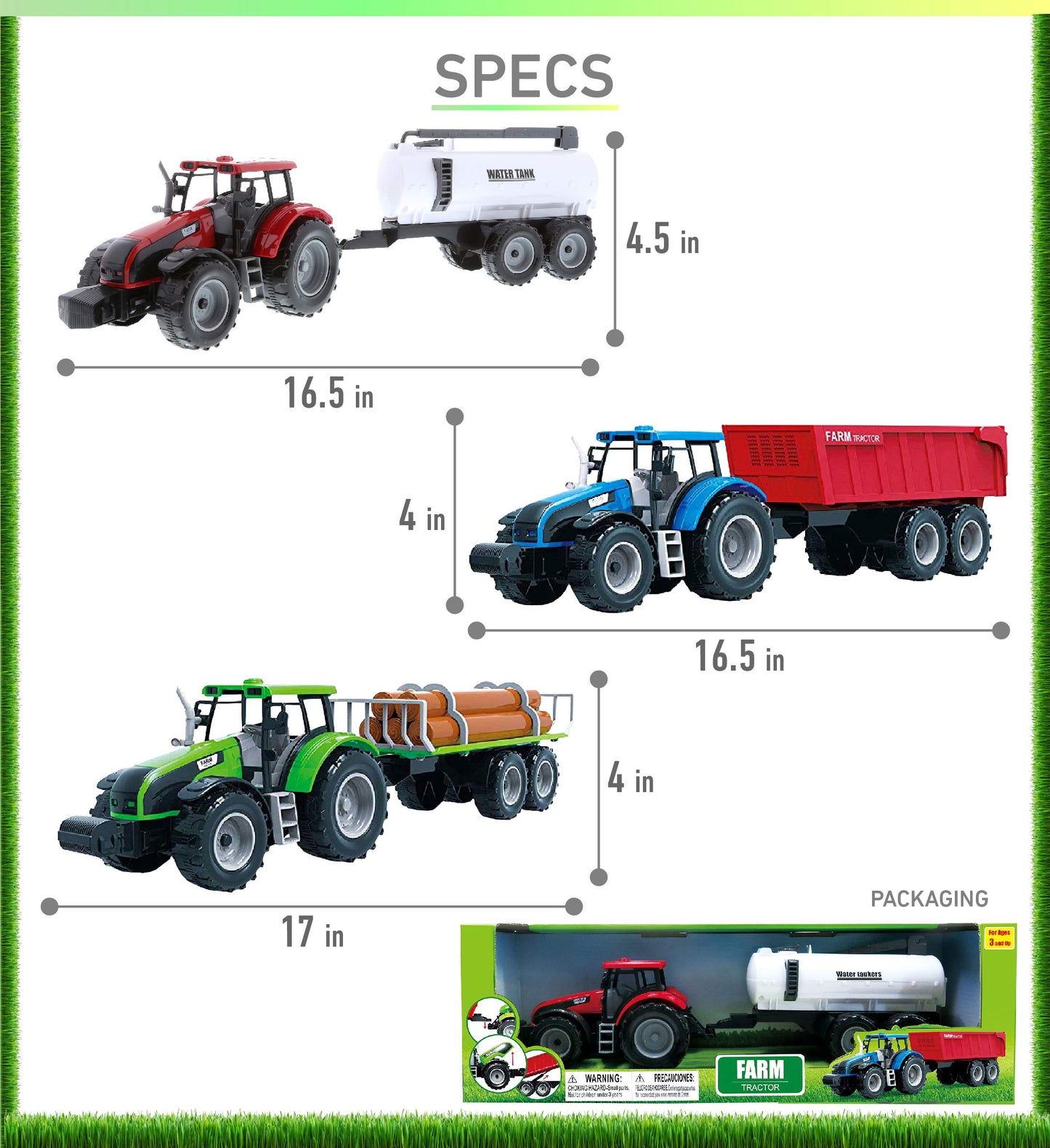 Mozlly Friction Powered Farm Tractor Vehicles, 16.5" Includes Farmer Tractor Water Tank and Log Trailer, Push & Go No Batteries Needed Farming Toys Playset for Boys Kids Toddlers (3pc Set)