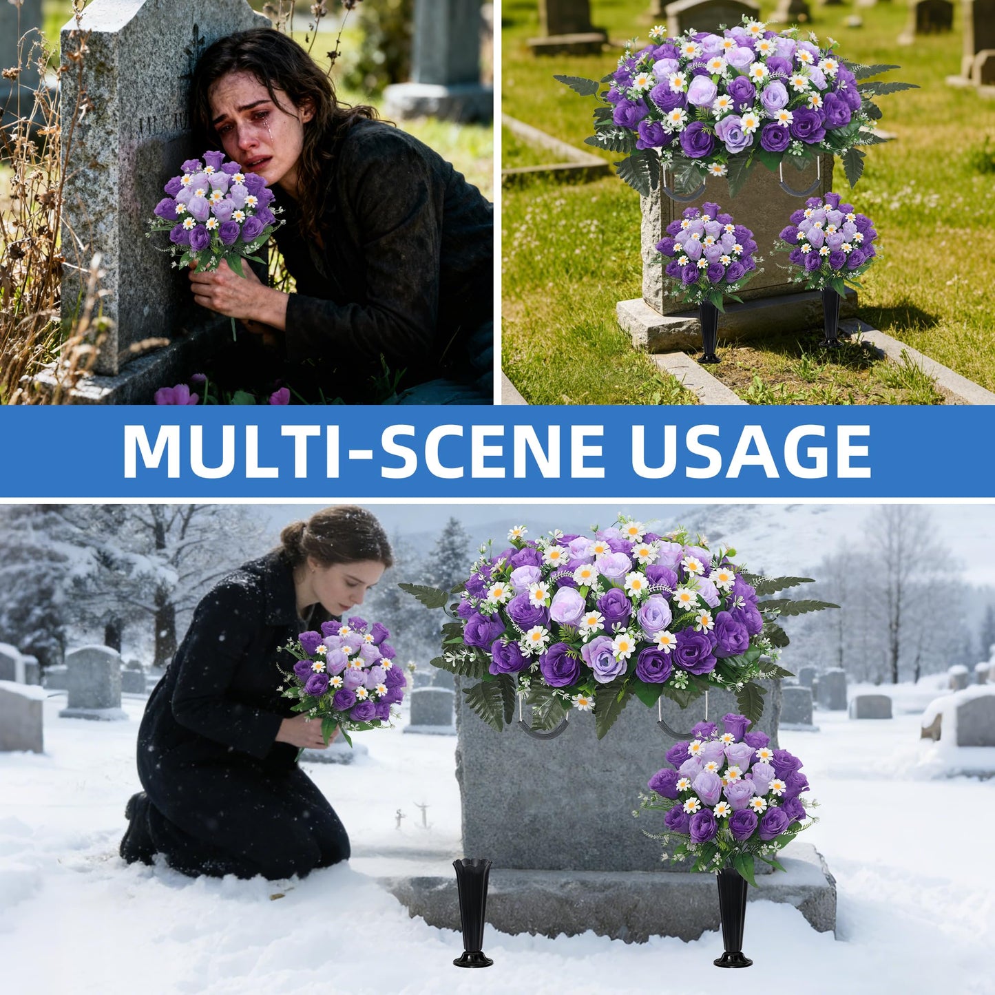 Wocst Headstone Flower Saddle,Large Artificial Cemetery Flowers for Grave 2Pack Artificial Silk Roses Daisy Bouquets with Cemetery Vases for Outdoor Grave Decorations (Purple)