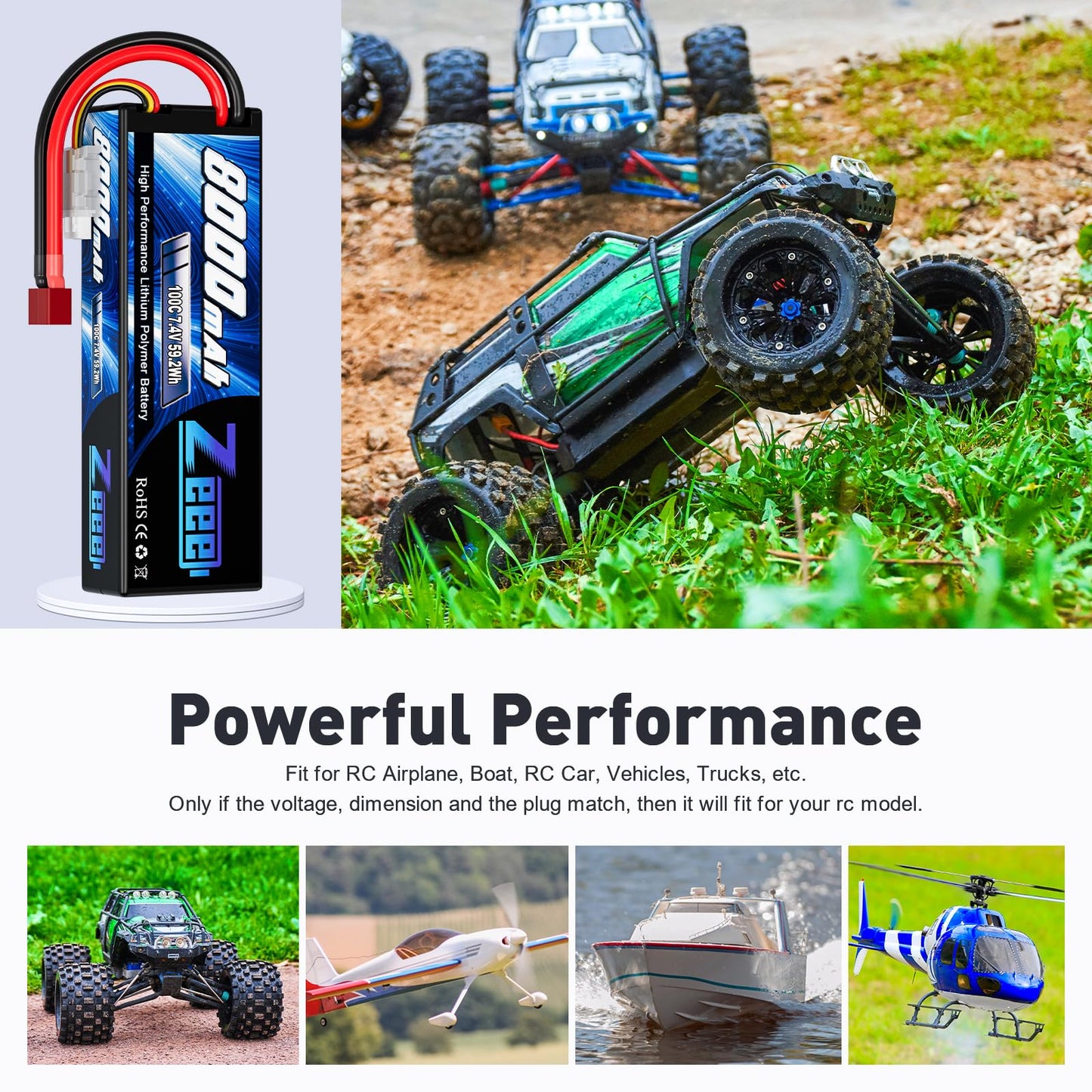 Zeee 2S Lipo Battery 8000mAh 7.4V 100C Hard Case with T Plug for RC Car Truck Truggy Boat Helicopter(2 Pack)