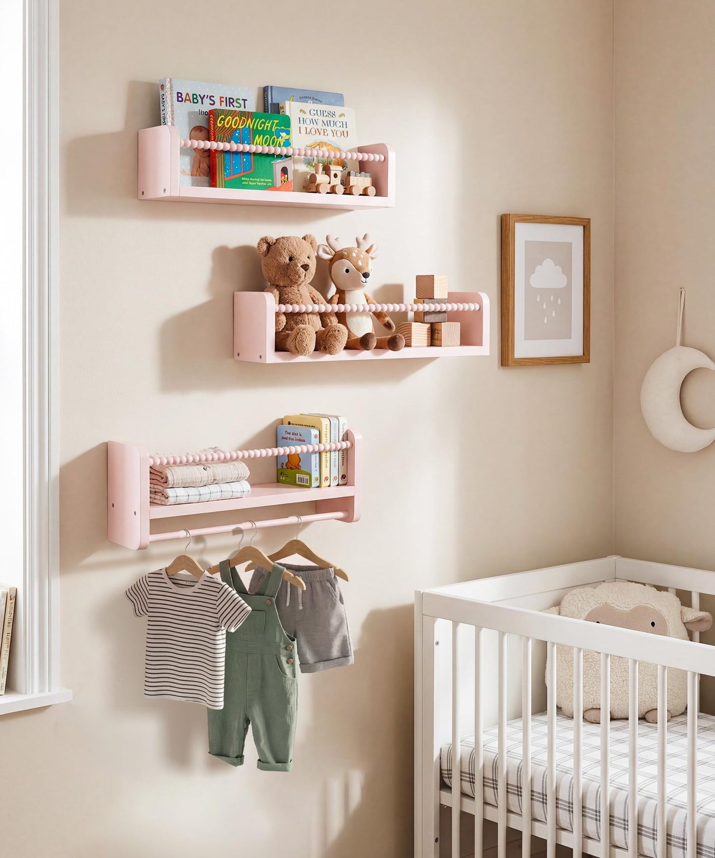 Mazjoaru Nursery Book Shelves for Wall Set of 3, Pink Natural Wood Bookshelf Wall Decor, Small Floating Shelf Organizer for Kids Room, Bedroom, Kitchen Spice Rack