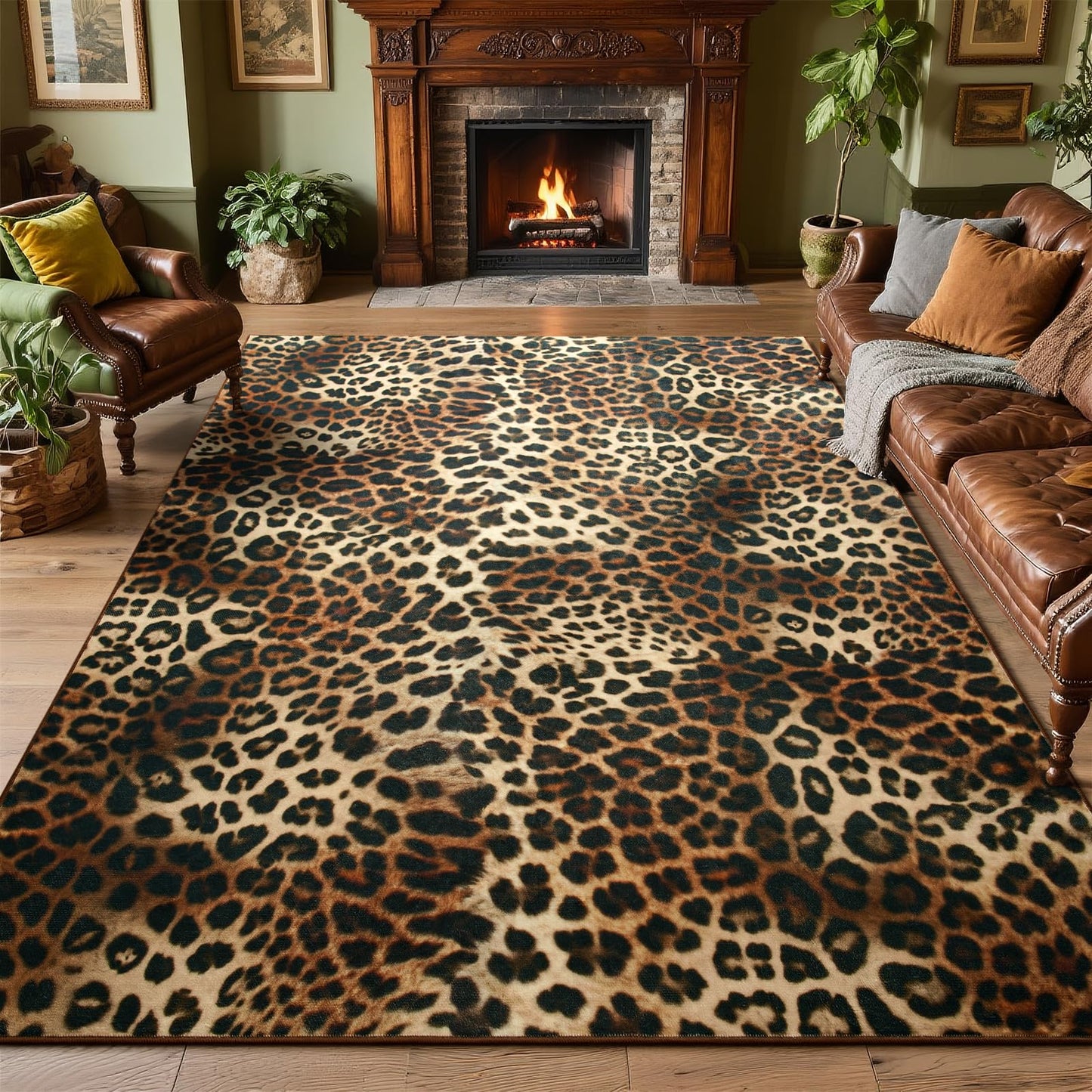 DweIke Leopard Rugs for Living Room, 4x6 Cheetah Print Rug for Bedroom Decor, Washable Non-Slip Stain Resistant Faux Animal Throw Carpet for Dining Room Office Western Home, Dark Brown