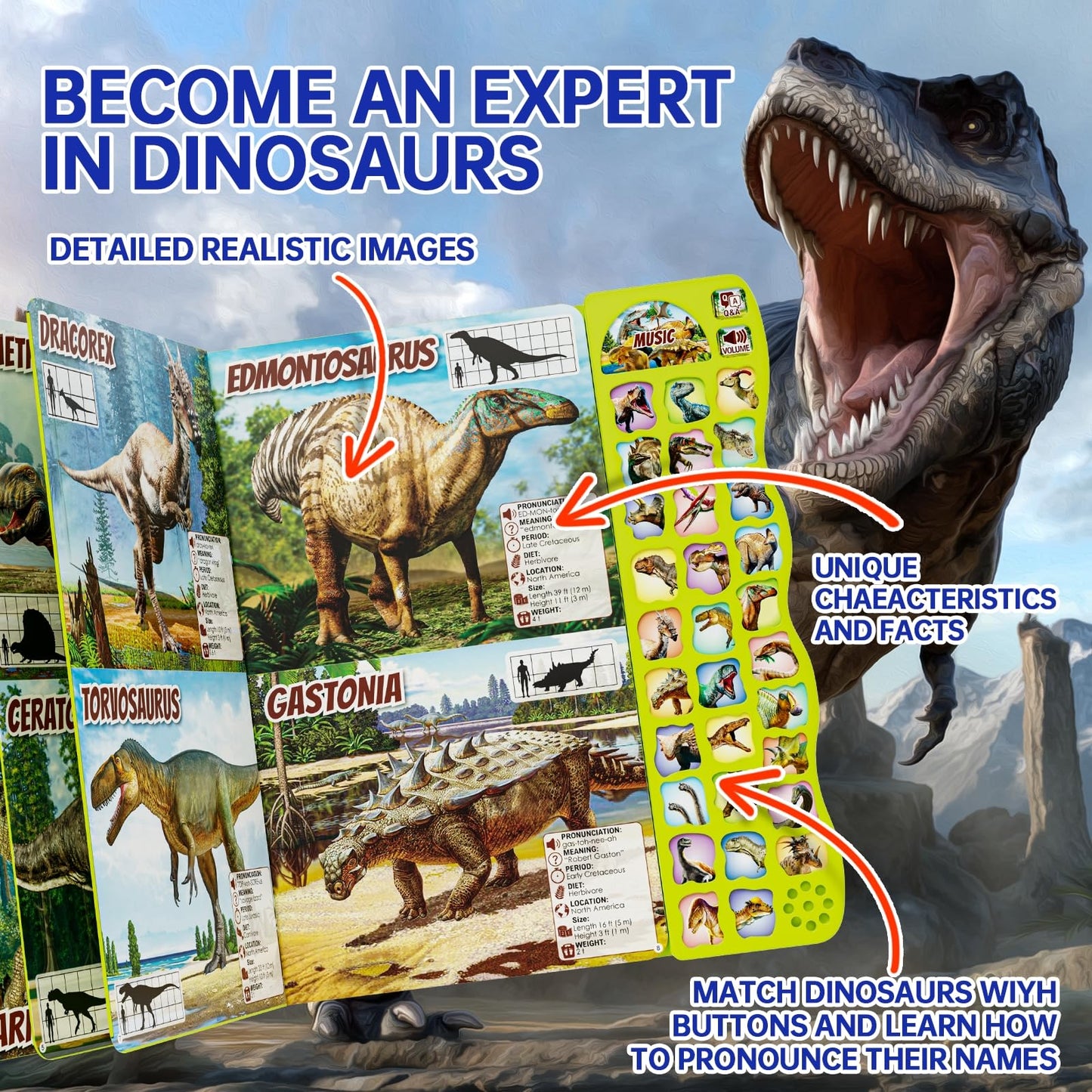 Dinosaur Book for Kids 3-5 Dinosaur Busy Book with Sounds 30 Species Names & Realistic Sounds Interactive (Dinosaur)