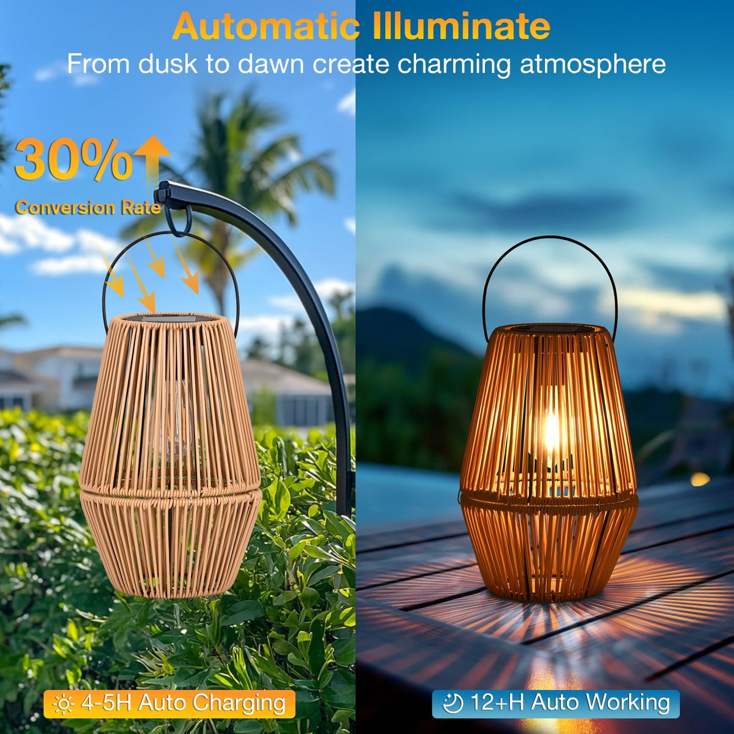 Uspring 2 Pack 3-in-1 Solar Lanterns Outdoor Waterproof Rattan Woven Hanging Solar Lights for Outside with Bright Lamp & LED Bead & 4 Handles, Garden Gifts Decor for Women Mom Patio Yard Porch