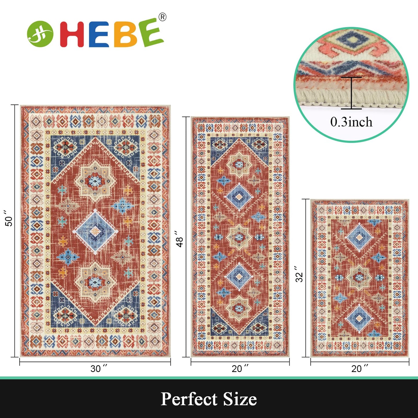 HEBE Boho Kitchen Rug Sets 3 Piece with Runner Non Slip Kitchen Rugs and Mats Washable Kitchen Mats for Floor Thick Kitchen Floor Mat Carpet Runner Rugs for Hallway Laundry Holiday Decor