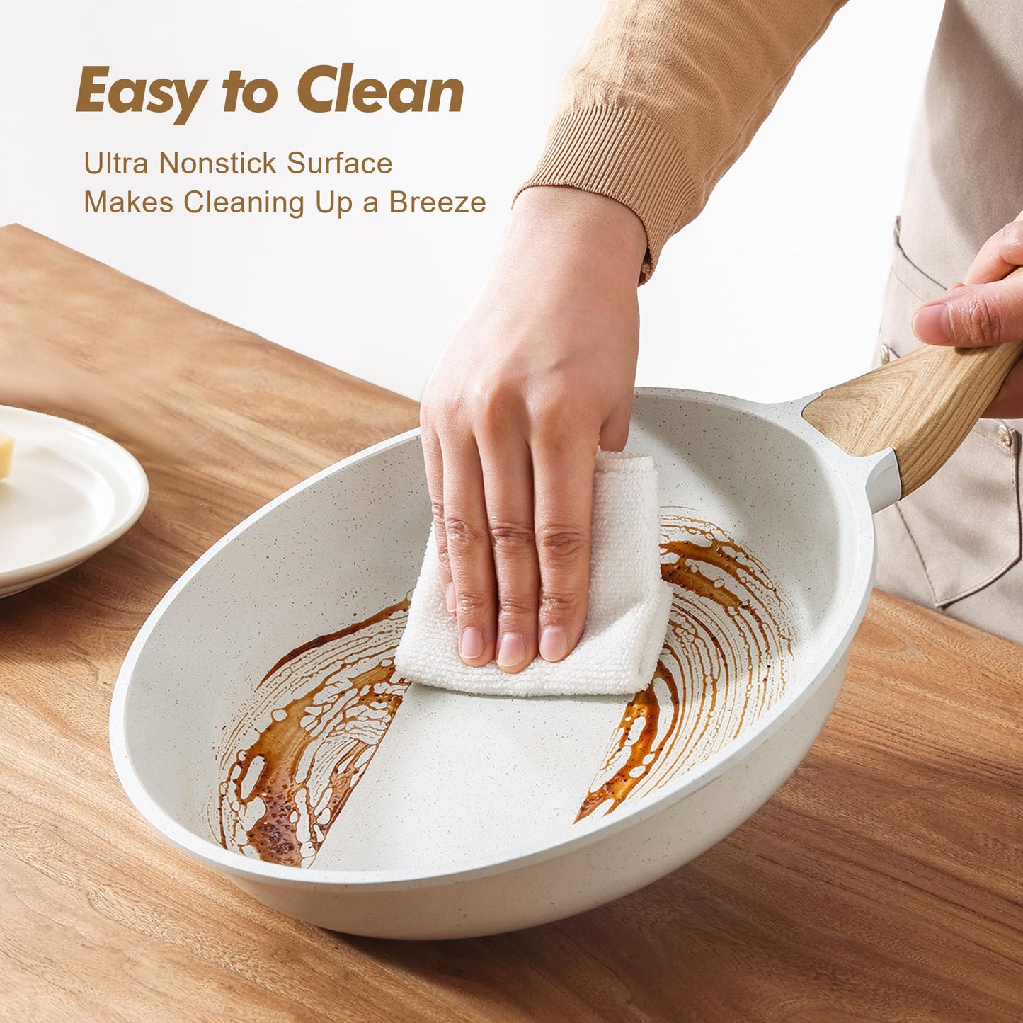 SENSARTE Nonstick Frying Pan Skillets, Ceramic Coating Omelette Pans, Healthy Cookware Chef's Pan, White, Free of PTFE & PFAS (8+10 Inch)
