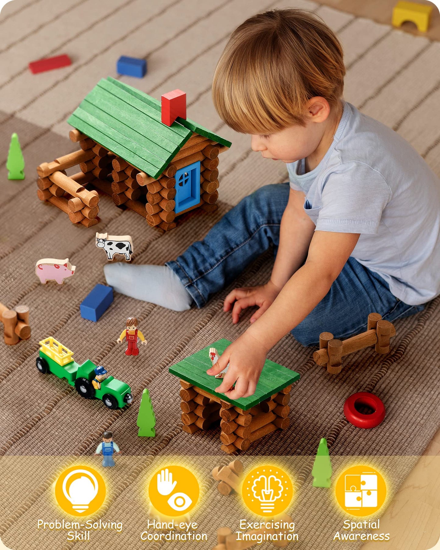 SainSmart Jr. Wooden Log Cabin Set Farm Building House Toy for Toddlers, 122 PCS Classic STEM Construction Kit with Colorful Wood Logs Blocks for 3+ Years Old