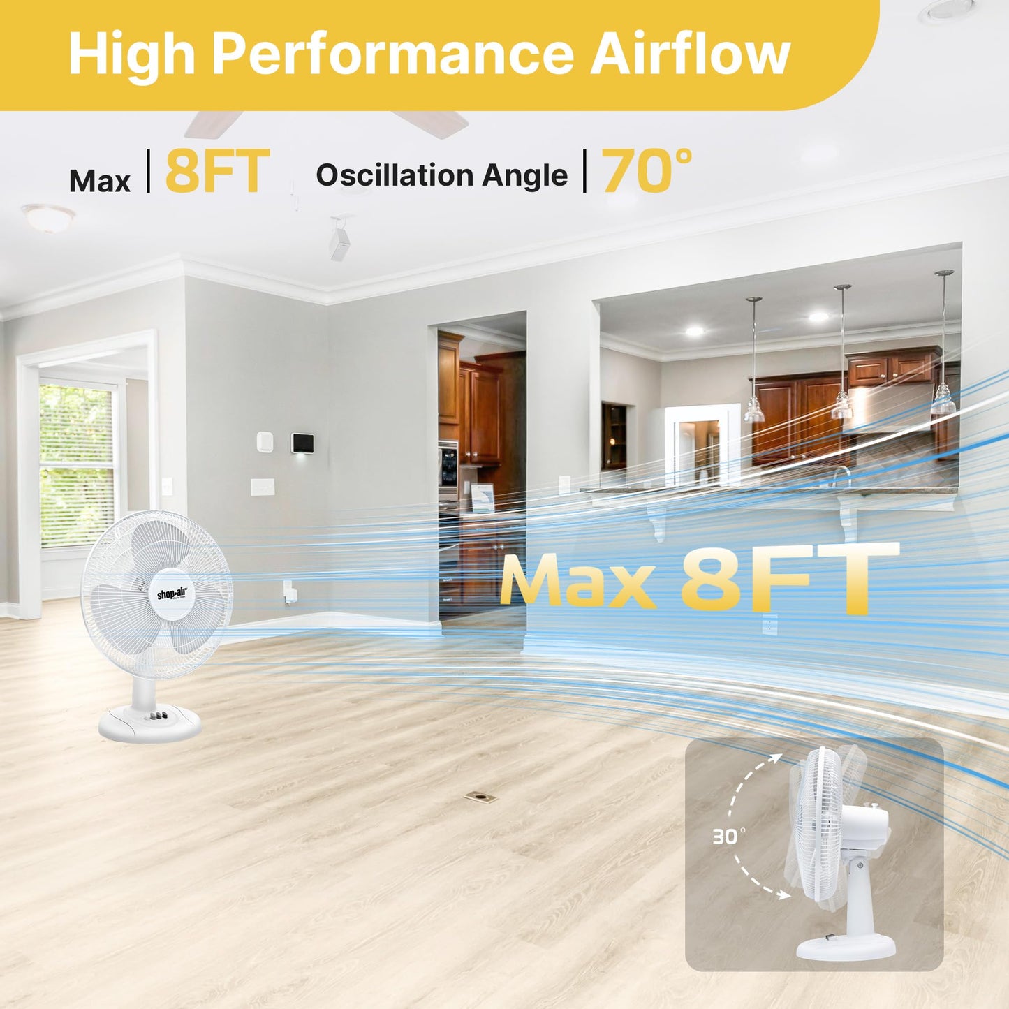 Shop-Air 12" Oscillating Table Fan, 3 Speeds, High-Velocity, Quiet & Powerful Air Circulation, 70° Adjustable Head Tilt,Ideal for Home, Bedroom or Office, White