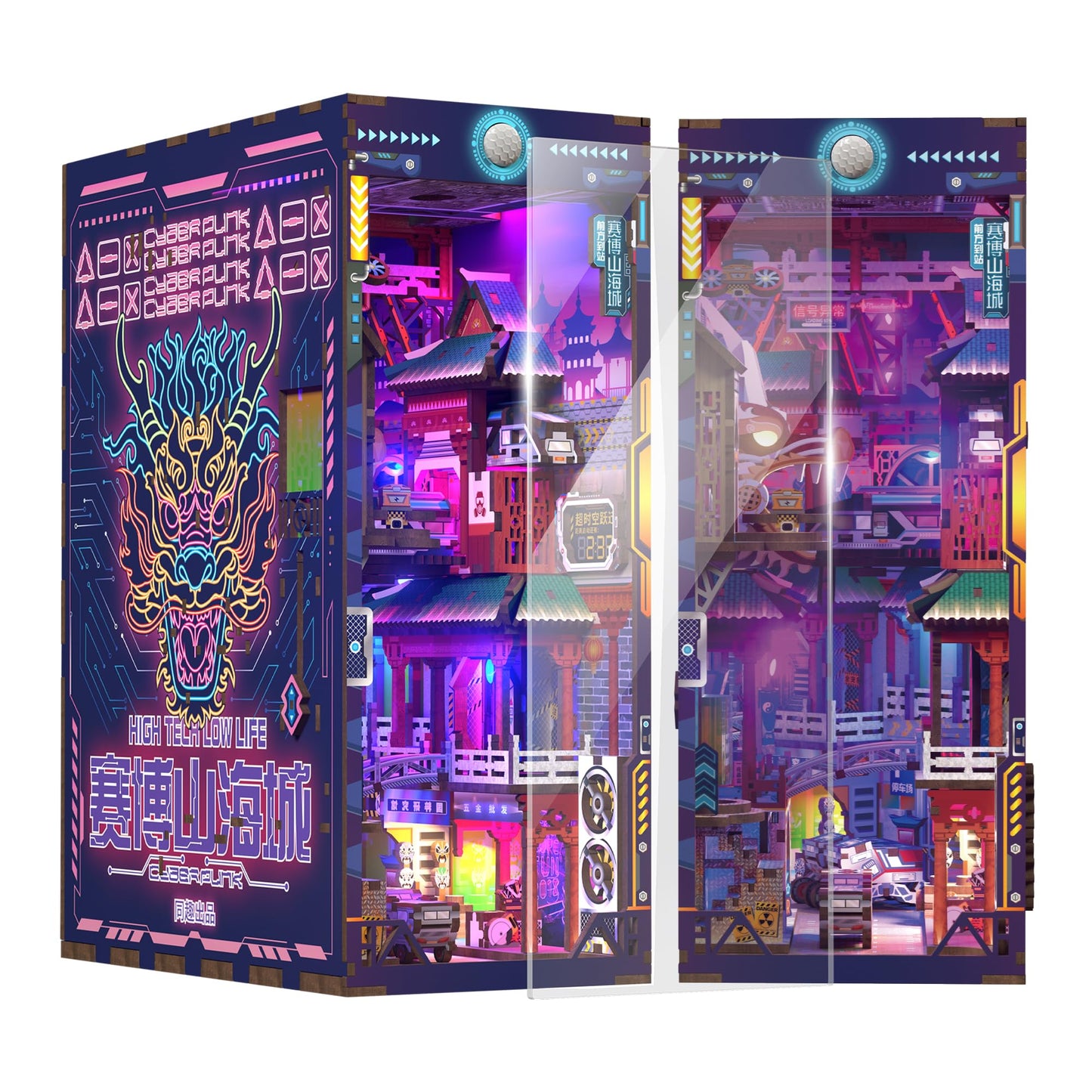 Tonecheer DIY Book Nook Kit for Adults, Wooden 3D Puzzle Bookend Bookshelf Insert Decor, Cyber Punk Booknook Miniature House Kit with Dust Cover and Body Motion Sensor LED (Cyber City)