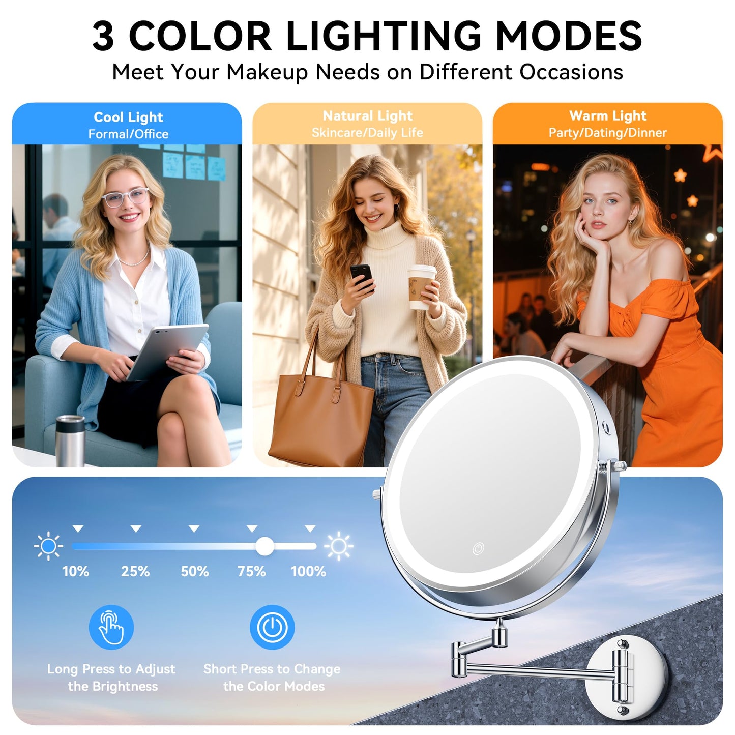 10'' 30X/1X Wall Mounted Lighted Makeup Mirror, 5000mAh Rechargeable Double-Sided Magnifying Mirror with Light, LED Vanity Mirror Touch Dimmable 3 Colors 360° Rotation Extended Foldable Arm, Chrome