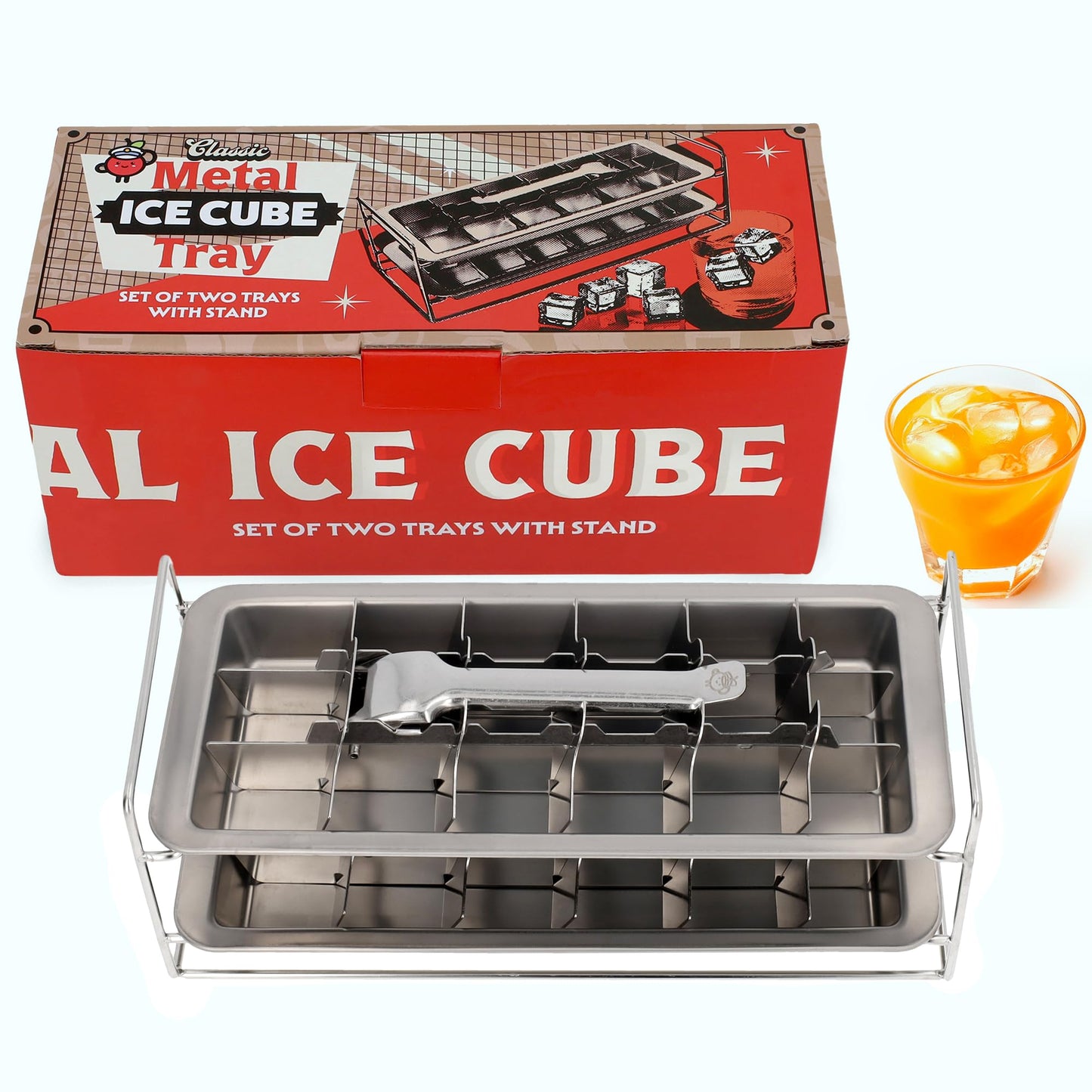 Captain Cranberry Stainless Steel Double Ice Cube Trays with lever and Stand (11", 36 cubes), Classic Metal Ice Cube Trays for Freezer, Non Toxic, Plastic Free, Dishwasher safe