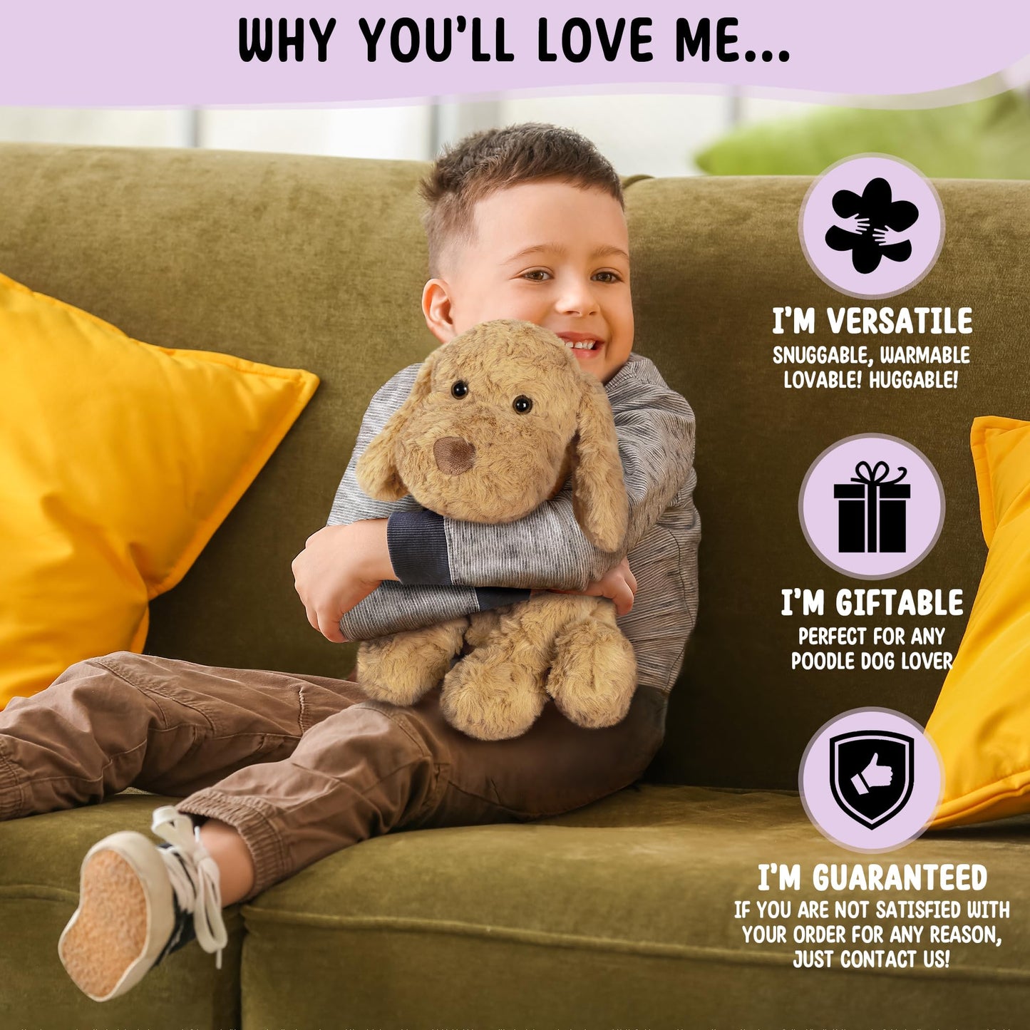 Happy Fuel Poodle Dog Microwavable & Weighted Stuffed Animals -1.5Lbs Unscented Heating Pad for Period Cramps Pain Relief and Anxiety, Cute Goldendoodle Plush Toys Gifts for Women Girls and Kids