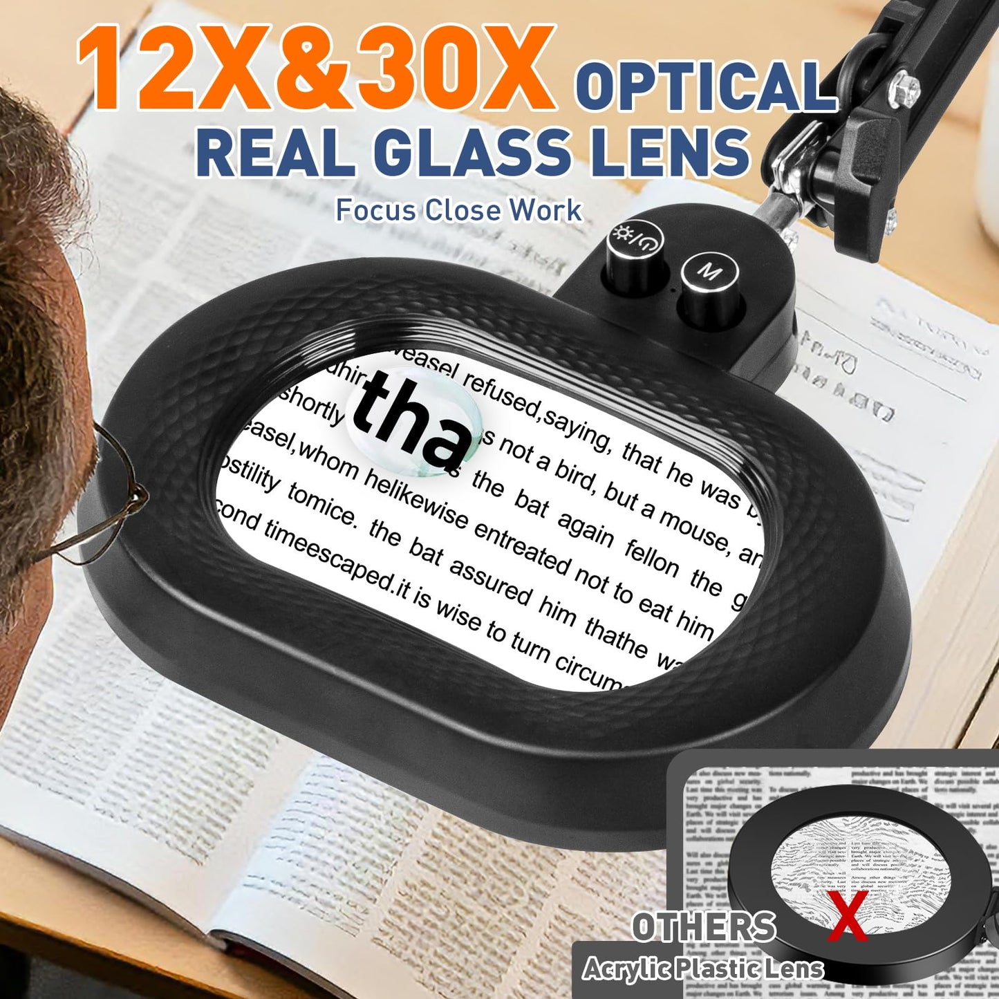 KIRKAS 12X&30X Magnifying Glass with Light Three-axis Rotation, Extra-Long Arm Magnifying Lamp for Workbench Sewing, Lighted Magnifier Real Glass Lens Stepless Dimming and Color(12X&30X Oval Clamp)