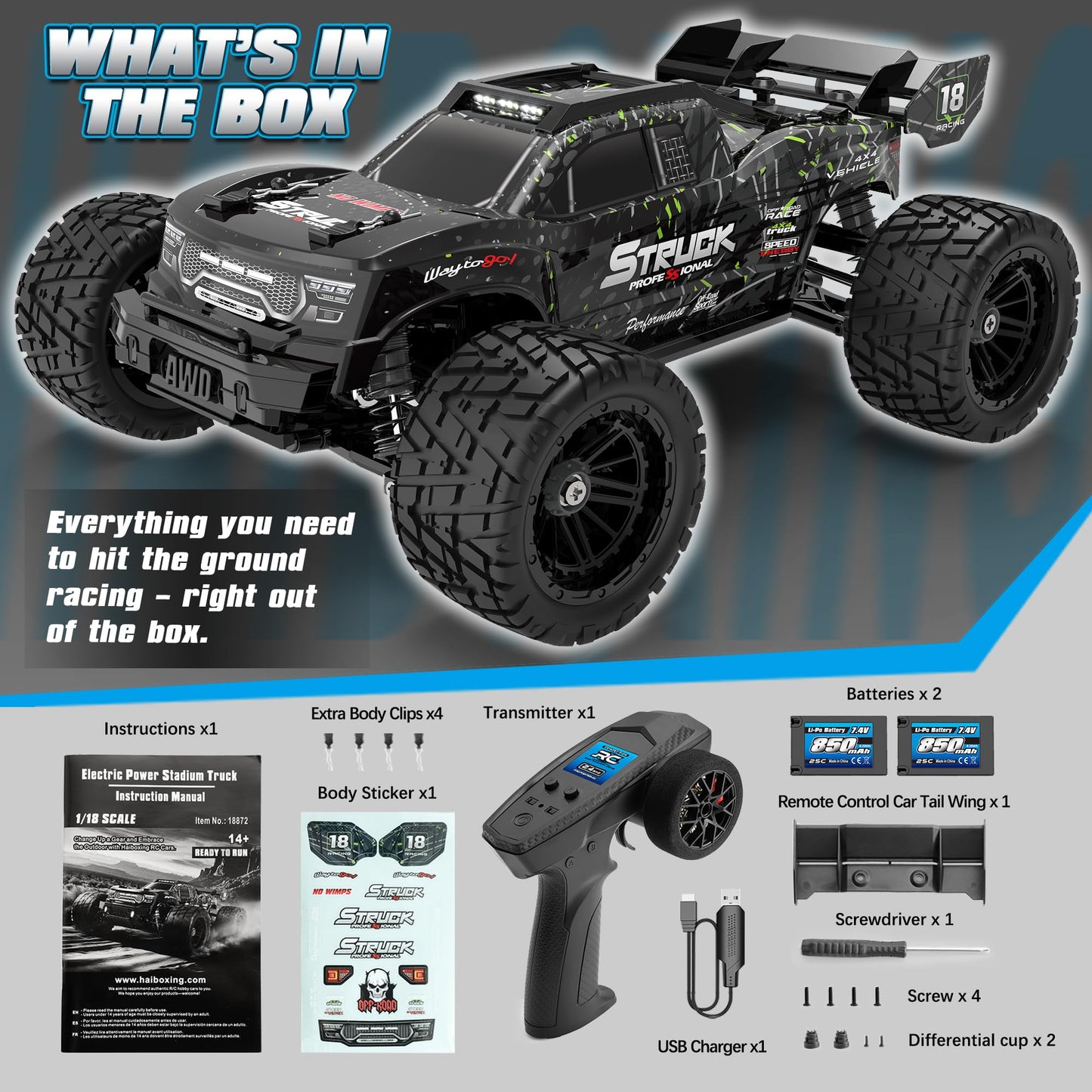 HAIBOXING 1:18 RC Car 18872 New Model RC Truck 4X4 Off-Road, 2.4GHz Remote Control Truck 36km/h Speed Splash Waterproof Electronics, Dual Li-Po Batteries Pre-installed and Spare in Box 35 Mins Runtime