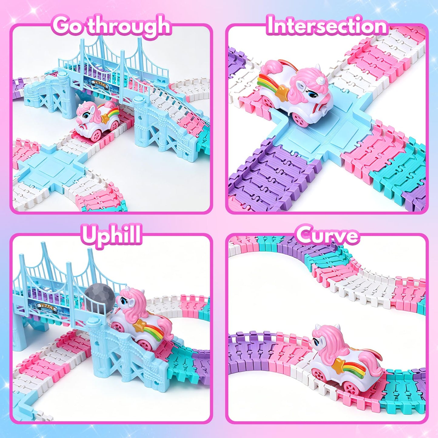 Kids Toys for 3 4 5 Year Old Girls Gifts: 194PCS Unicorn & Shark Flexible Race Track Set | Toy Car Track for Toddler Girl Toys Age 3-6 | Race Track for 5 Year Old Girl Birthday Gift Ideas
