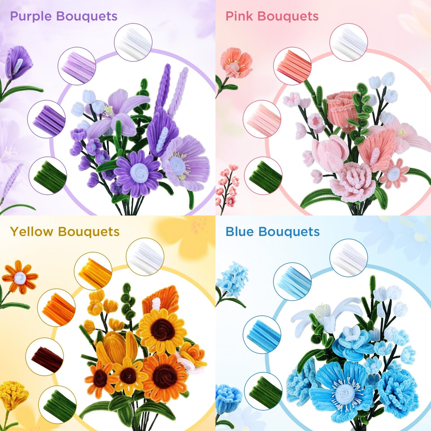 540Pcs Pipe Cleaner Flower Kit, Pipe Cleaners Craft with 15 Designs Guiding Book, Flower Making Kit with Chenille Stems & Floral Wires, Mothers Day Birthday Gift for Mom Women Her (Multicolor, 30cm x 7mm)