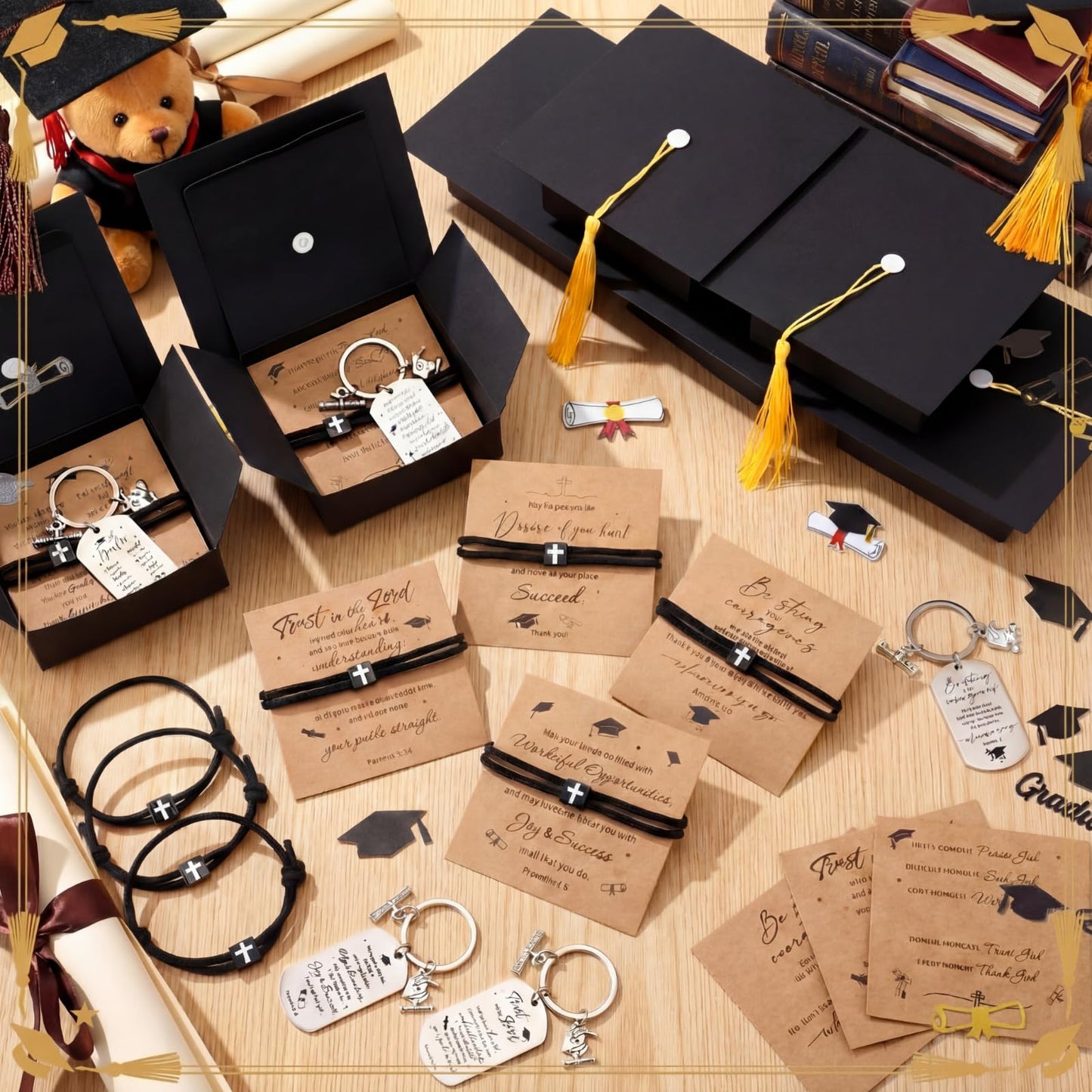 Yinkin 12 Set/48 Pcs 2026 Graduation Gifts Bulk Christian Graduation Bracelet Bible Verse Keychains Grad Gift Boxes with Tassel for Students High School Party Favors