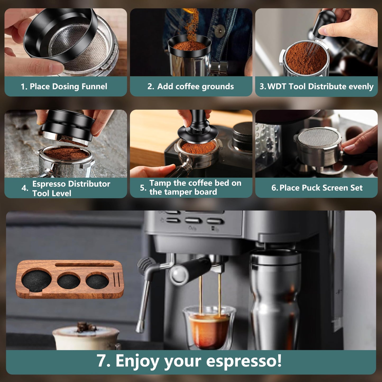 7 Pack Espresso Accessories Kit,54mm Espresso Tool Kit | Espresso Tamping Station | Coffee Distributor Tamper | WDT Tool | Dosing Funnel | Expresso Puck Screen | Christmas Gift for Espresso Lovers