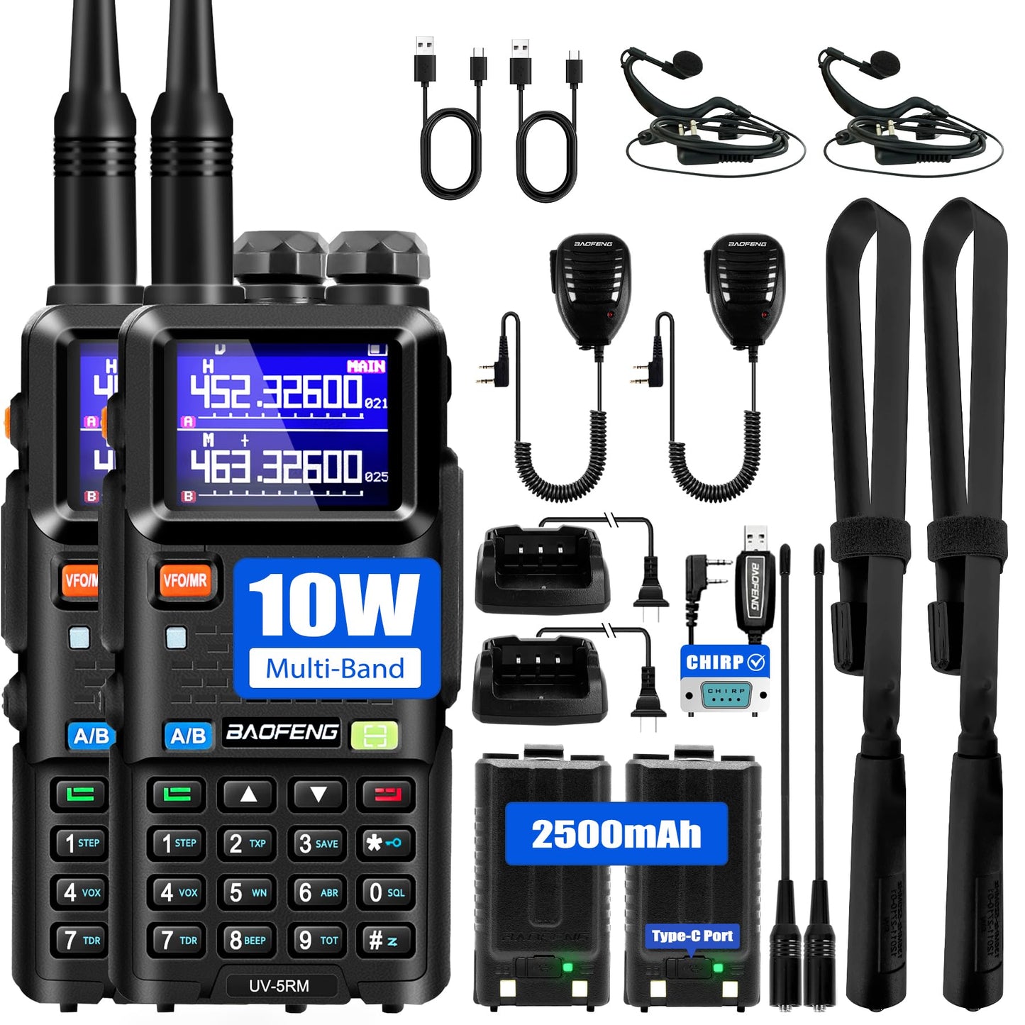 BAOFENG 5RM Ham Radio 10W Long Range Handheld NOAA Weather Receiver 2500mAh Battery UV-5RM Radio with Programming Cable,Speaker Mic,Tactical Antenna,Type-C Charging,2Pack